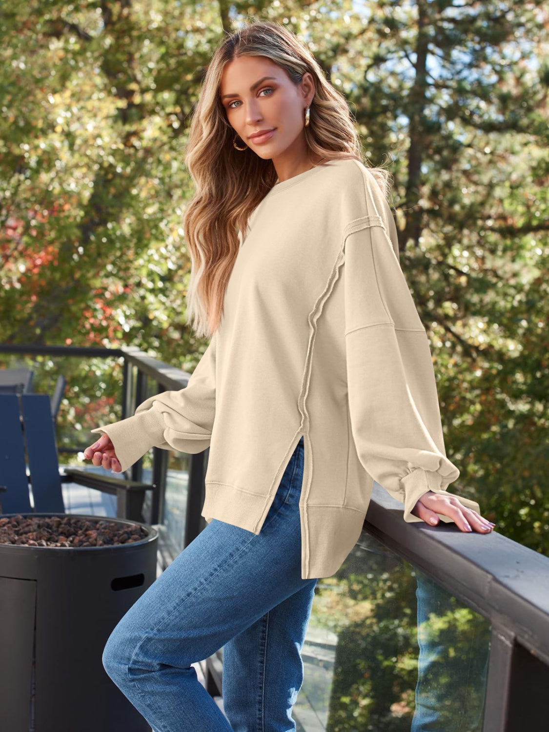 Slit Round Neck Long Sleeve Sweatshirt - EkaVibe