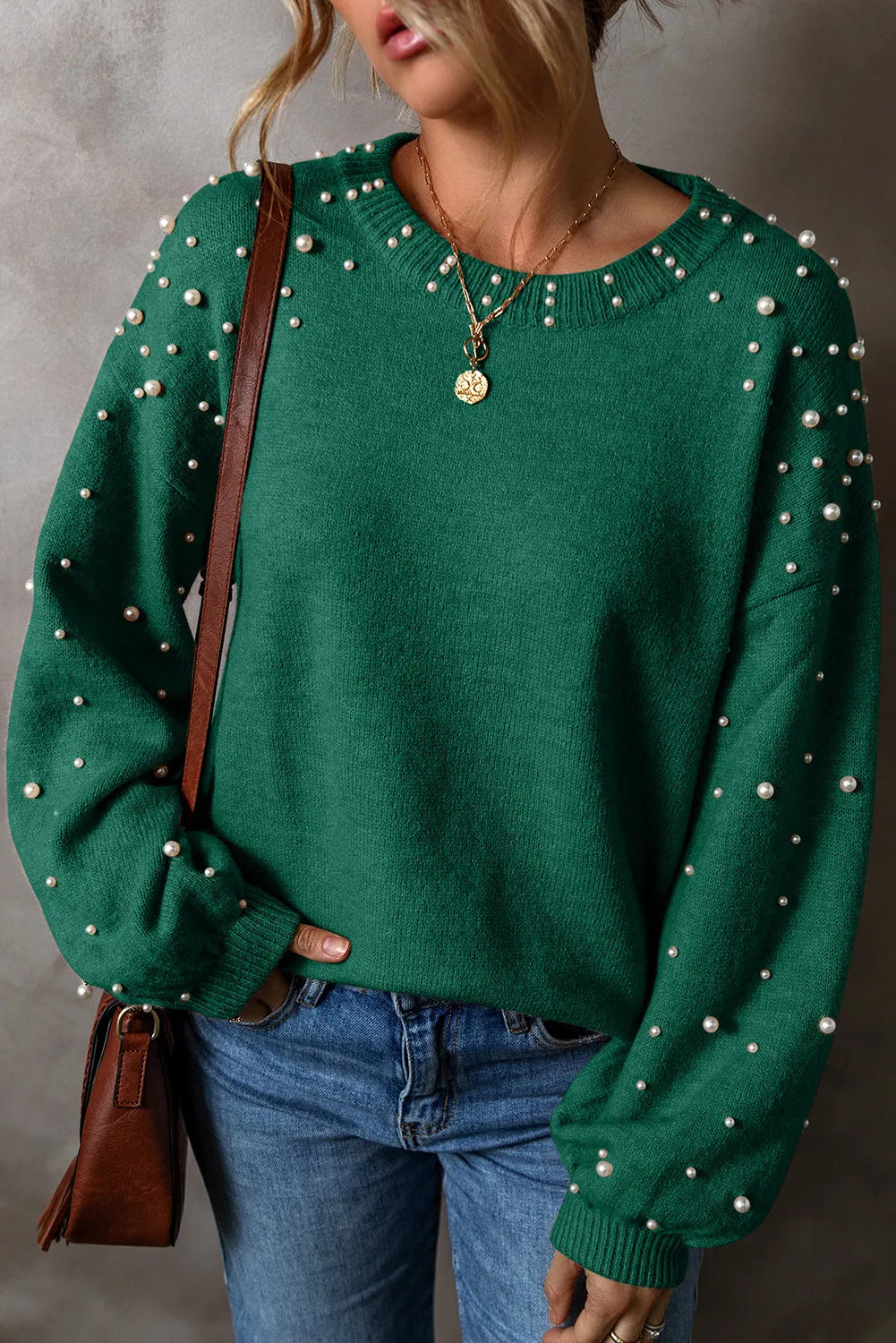 Pearl Detail Round Neck Long Sleeve Sweater - EkaVibe