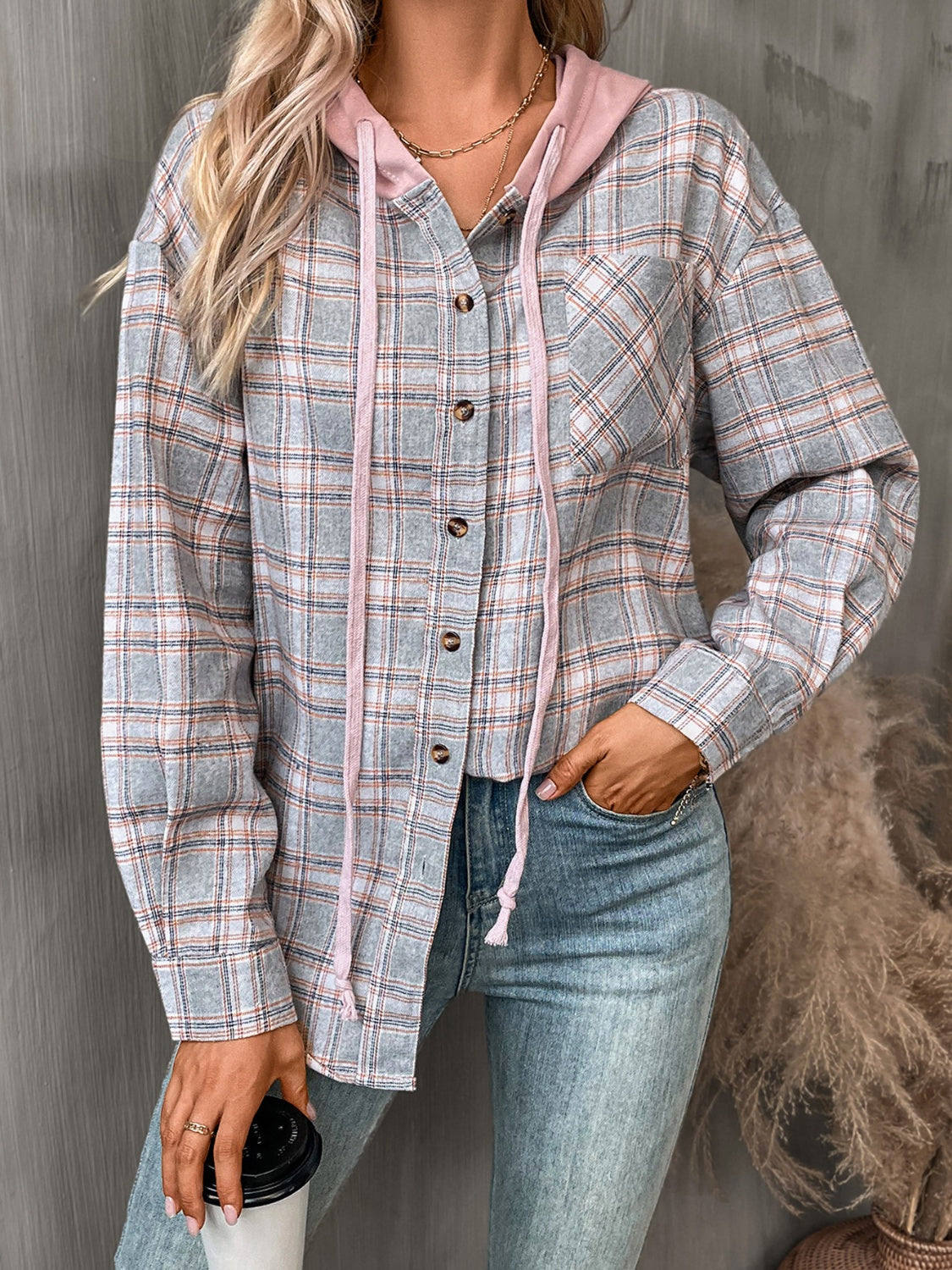 Plaid Long Sleeve Hooded Jacket - EkaVibe