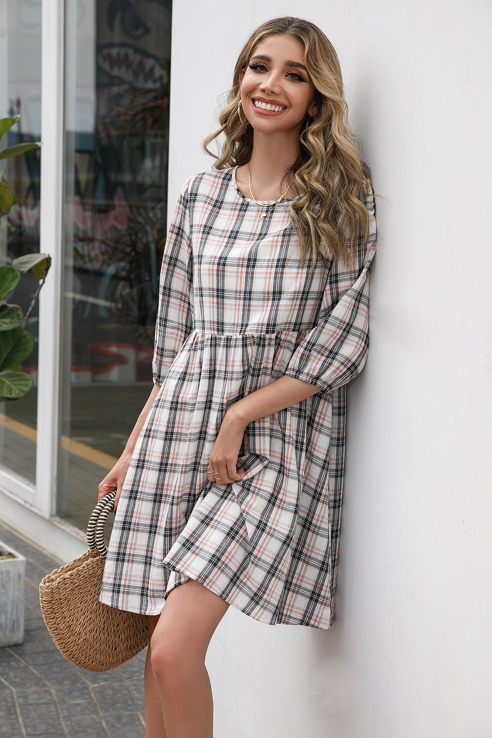 Ivy Lane Plaid Round Neck Mini Dress - EkaVibe