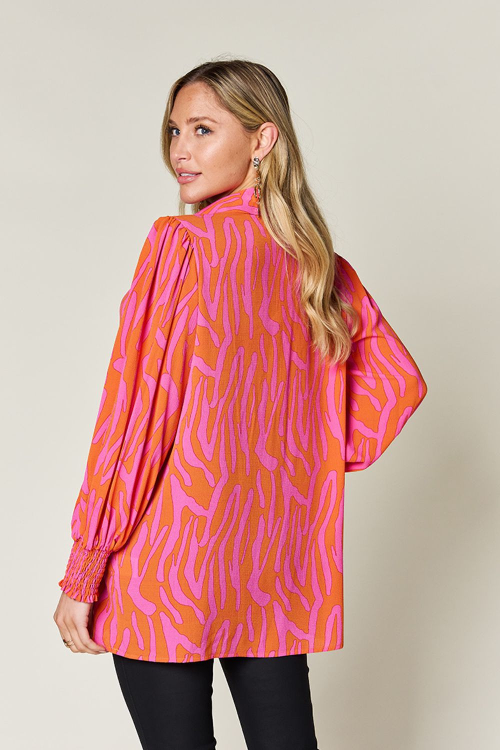 Double Take Full Size Printed Smocked Long Sleeve Blouse - EkaVibe