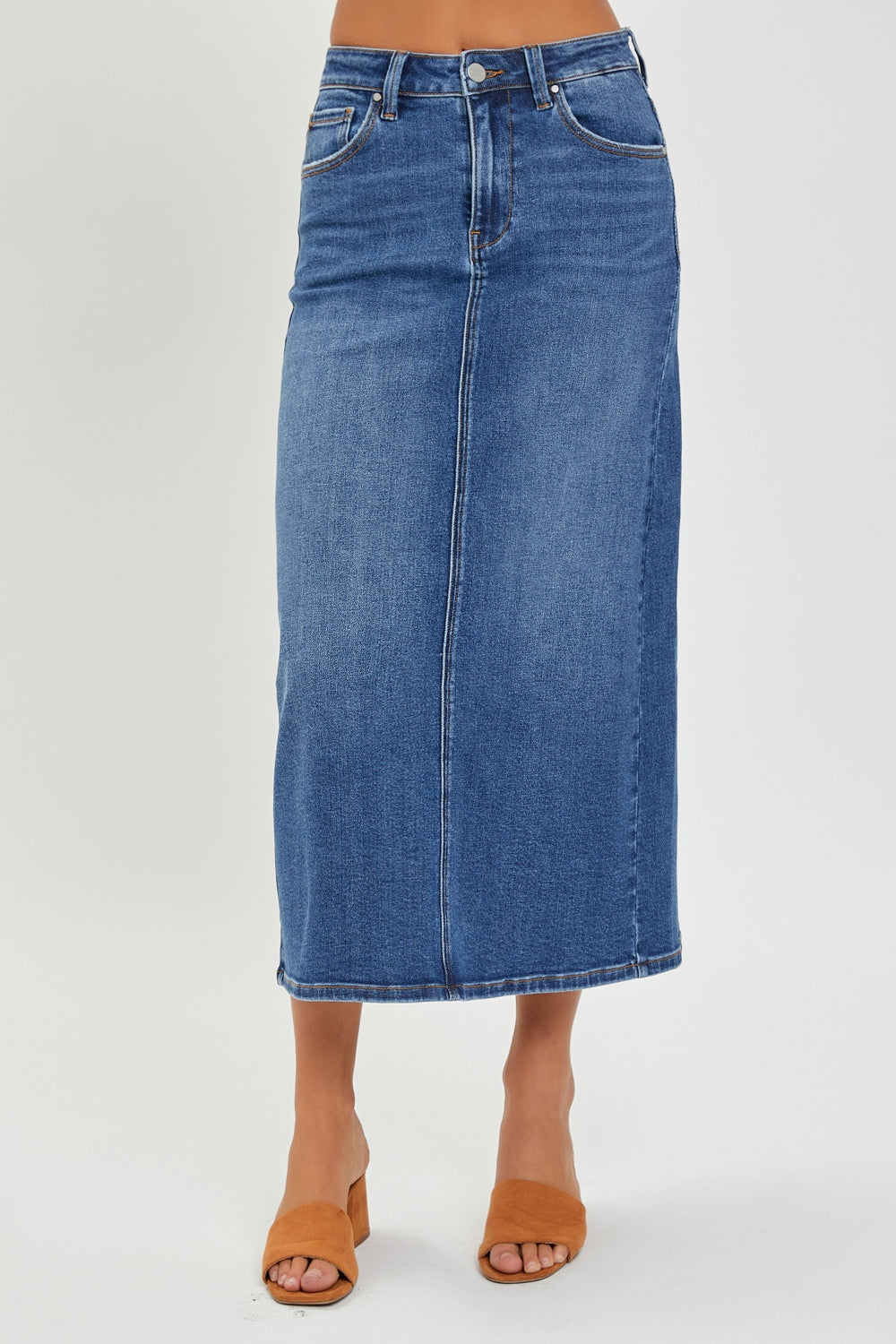 RISEN High Rise Back Slit Denim Skirt - EkaVibe