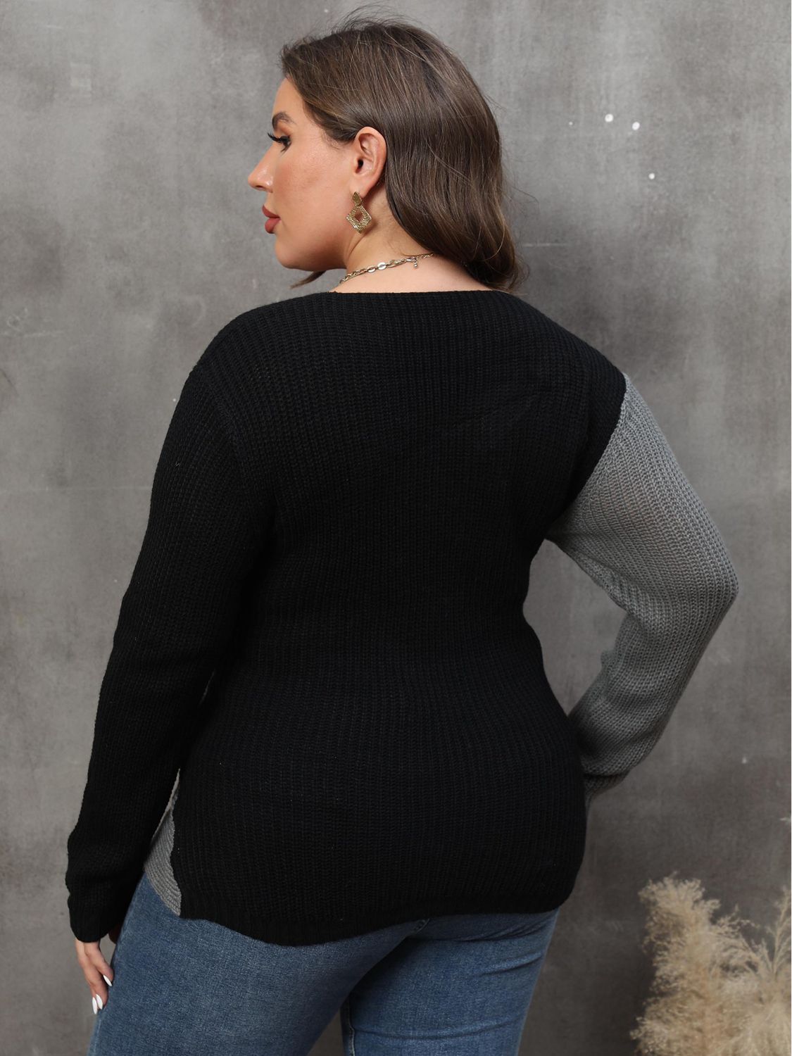 Plus Size Two-Tone Surplice Neck Sweater - EkaVibe