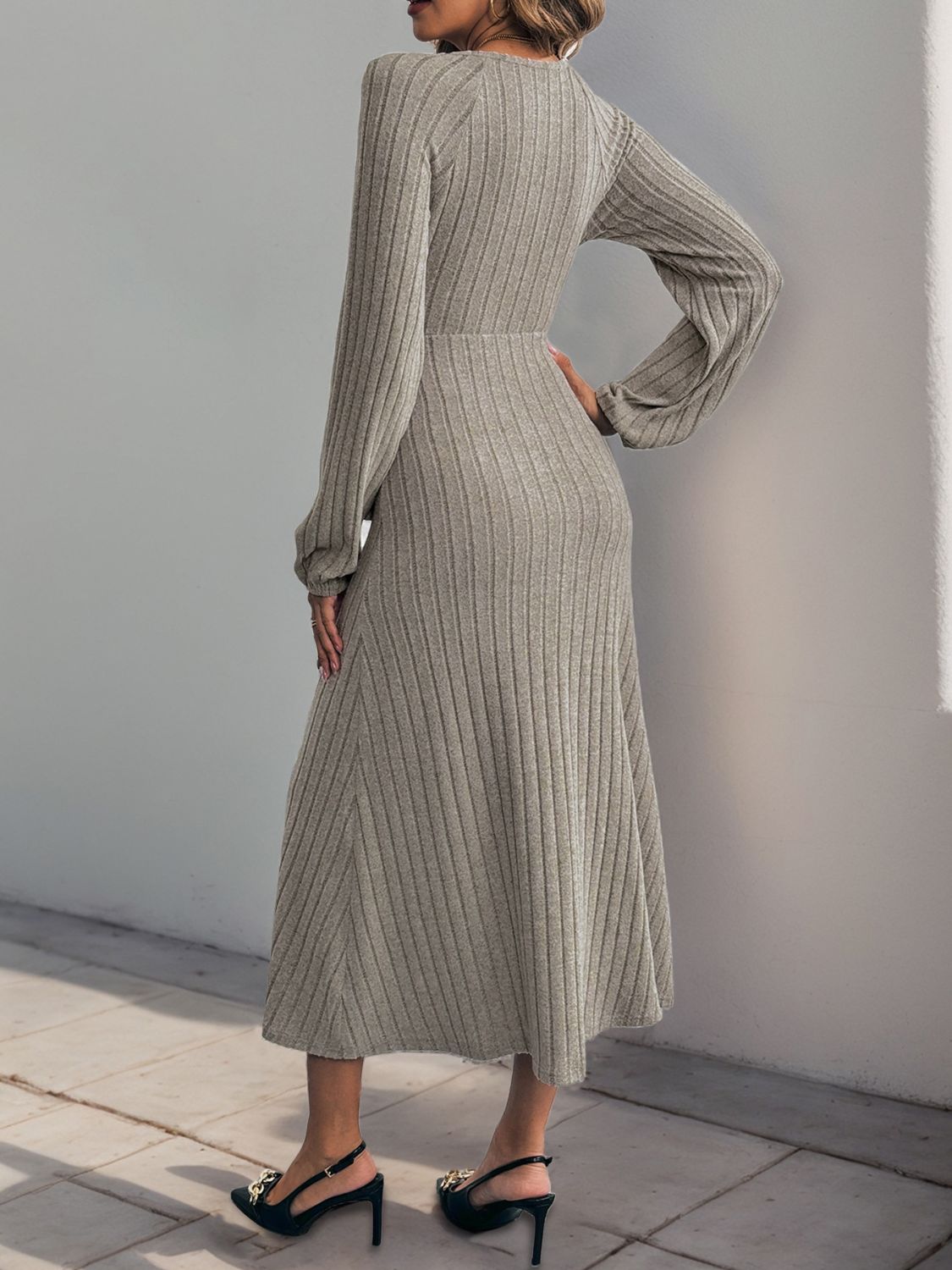 Perfee Ribbed Tied Surplice Long Sleeve Dress - EkaVibe