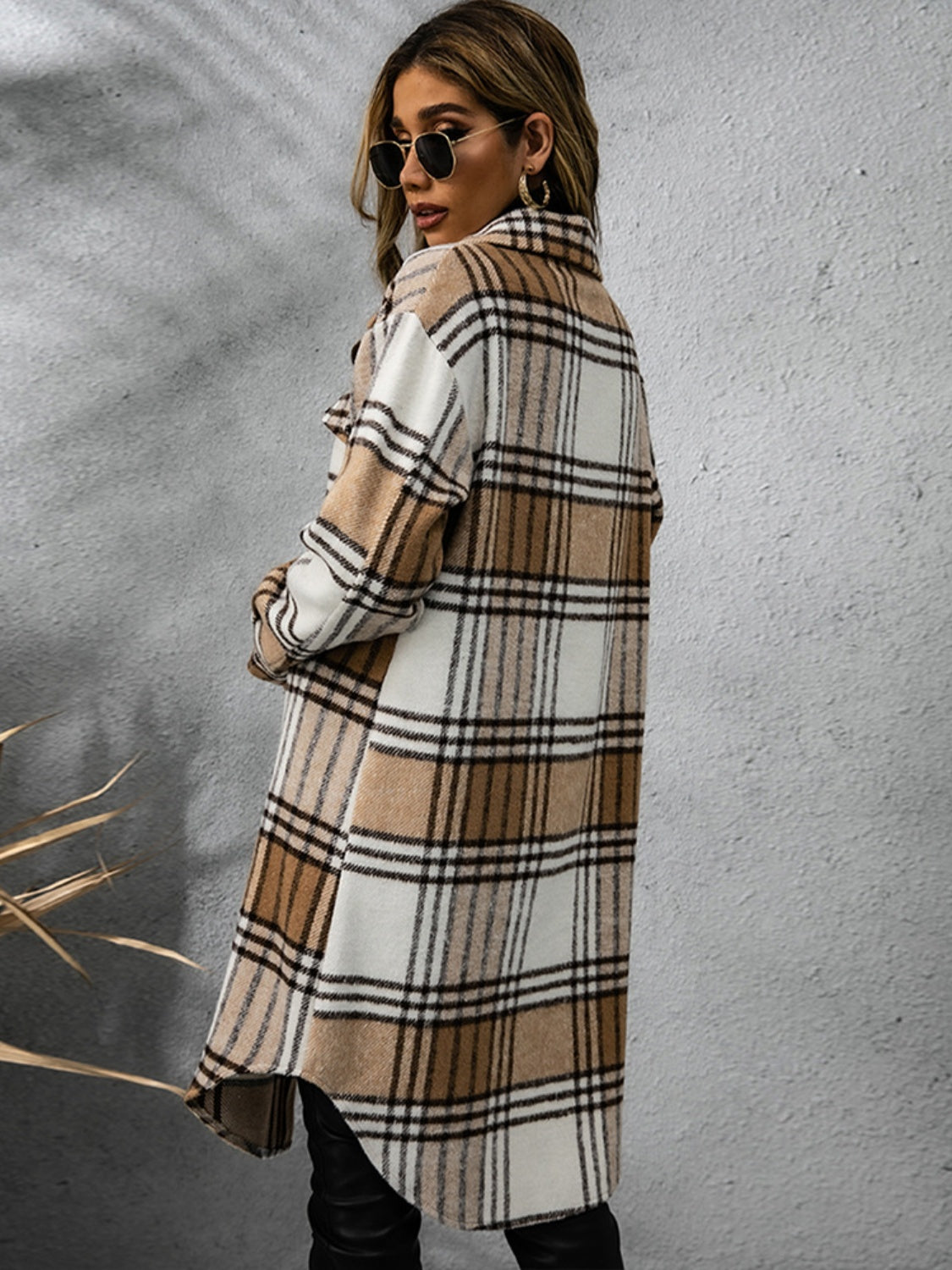 Plaid Collared Neck Long Sleeve Coat - EkaVibe