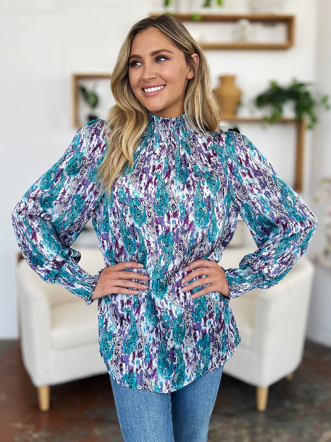 Double Take Full Size Printed Smocked Long Sleeve Blouse - EkaVibe