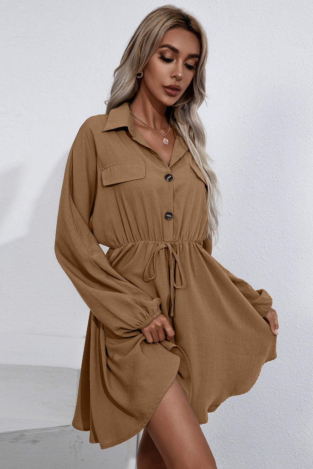 Ivy Lane Collared Tie Waist Button Up Shirt Dress - EkaVibe