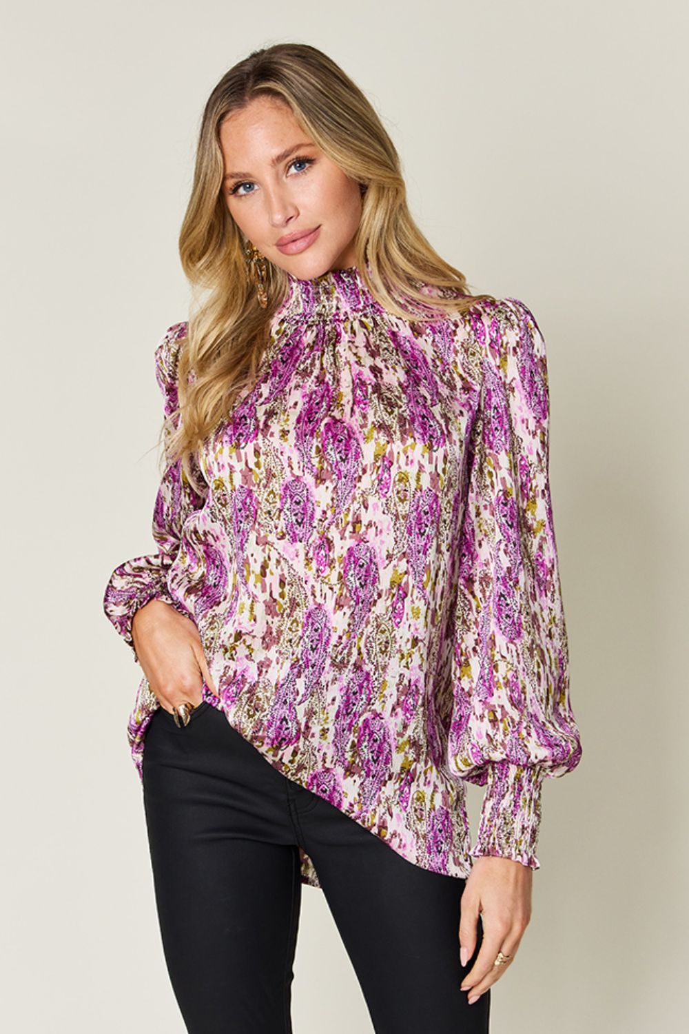 Double Take Full Size Printed Smocked Long Sleeve Blouse - EkaVibe