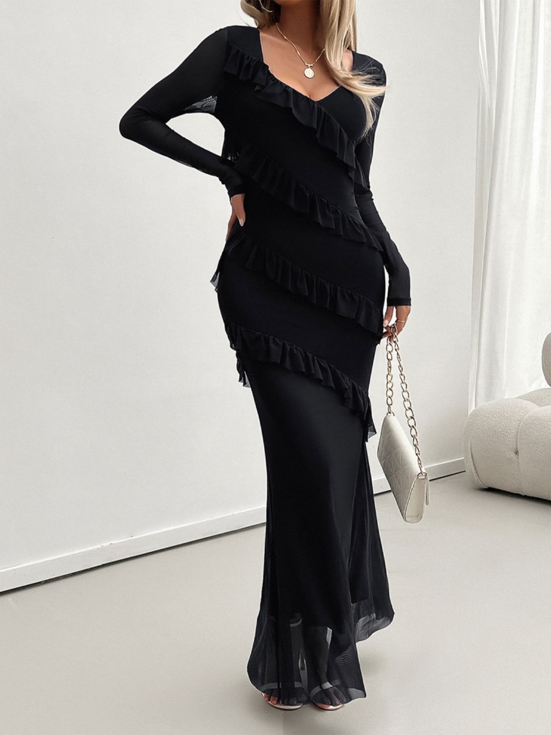 Devine Ruffled Surplice Long Sleeve Maxi Dress - EkaVibe