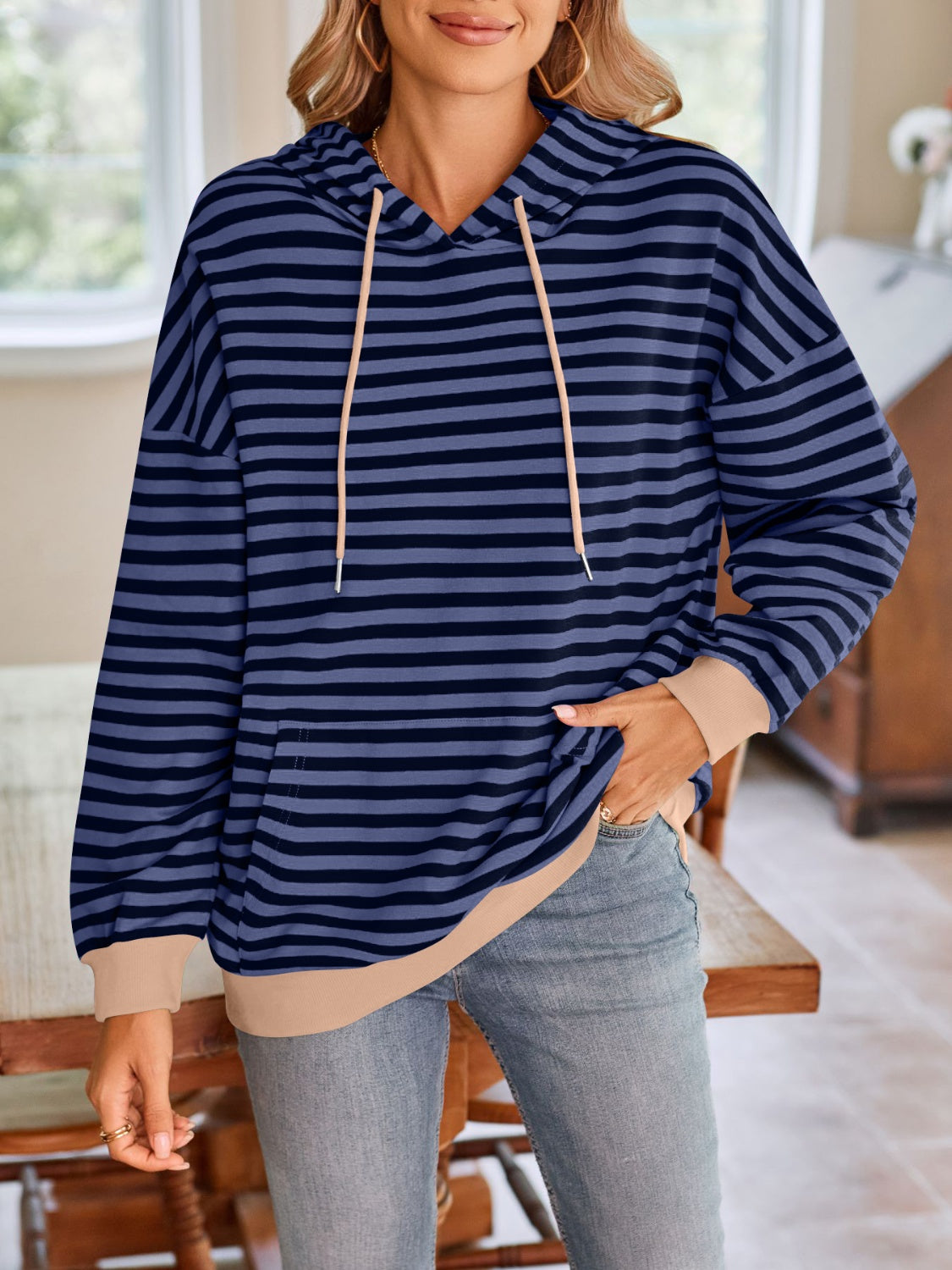 Lovelet Drawstring Striped Long Sleeve Hoodie - EkaVibe