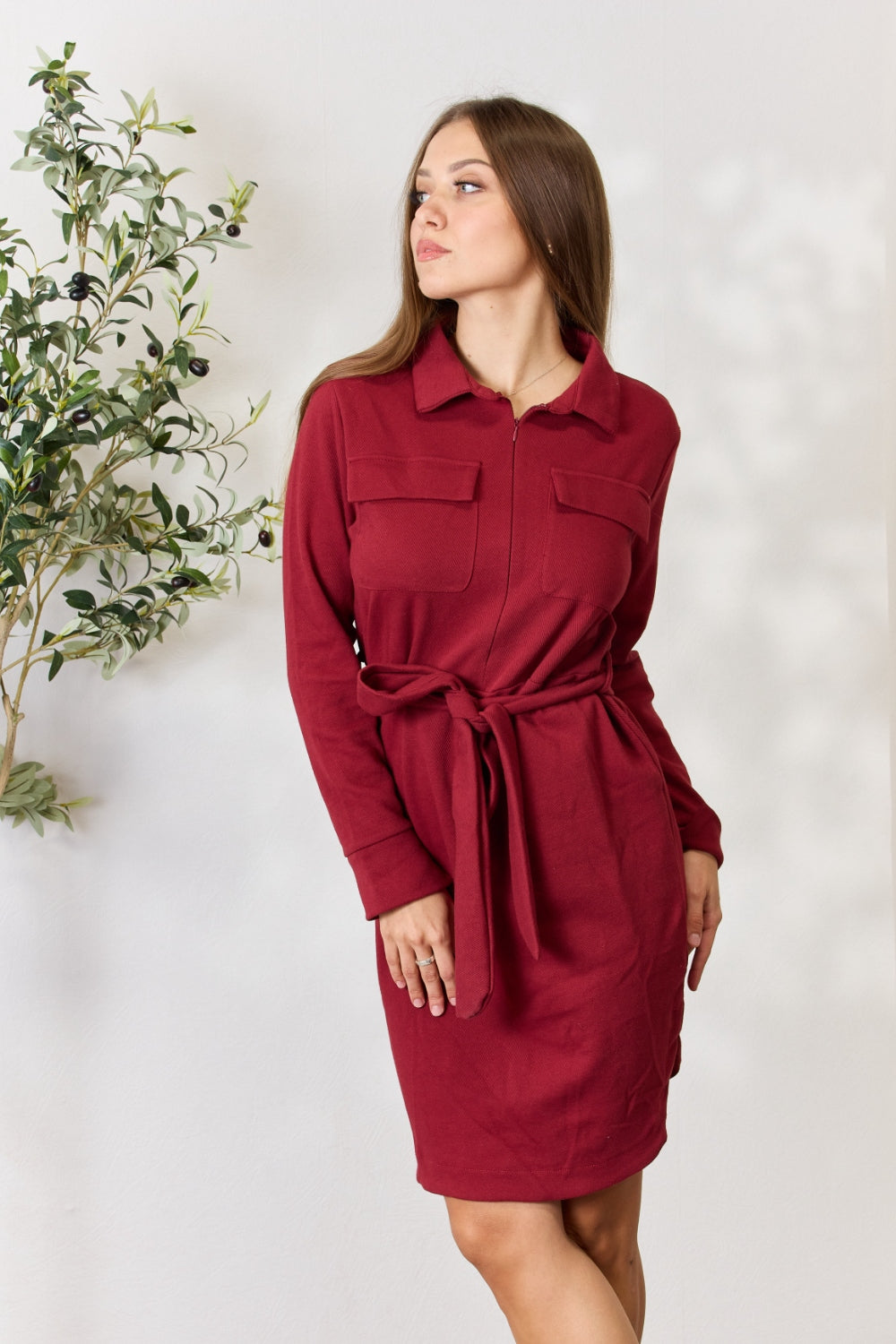 Culture Code Full Size Tie Front Half Zip Long Sleeve Shirt Dress - EkaVibe