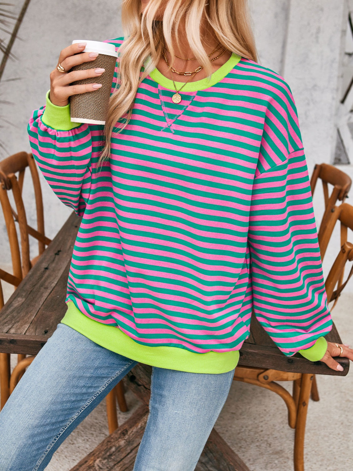 Lovelet Contrast Striped Long Sleeve Sweatshirt - EkaVibe