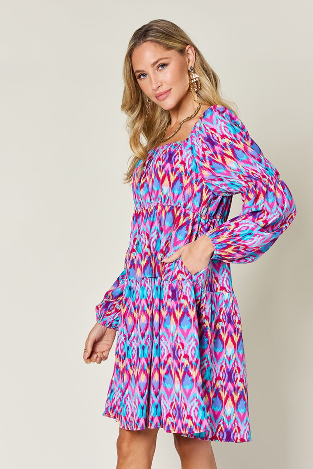 Double Take Full Size Printed Long Sleeve Dress - EkaVibe