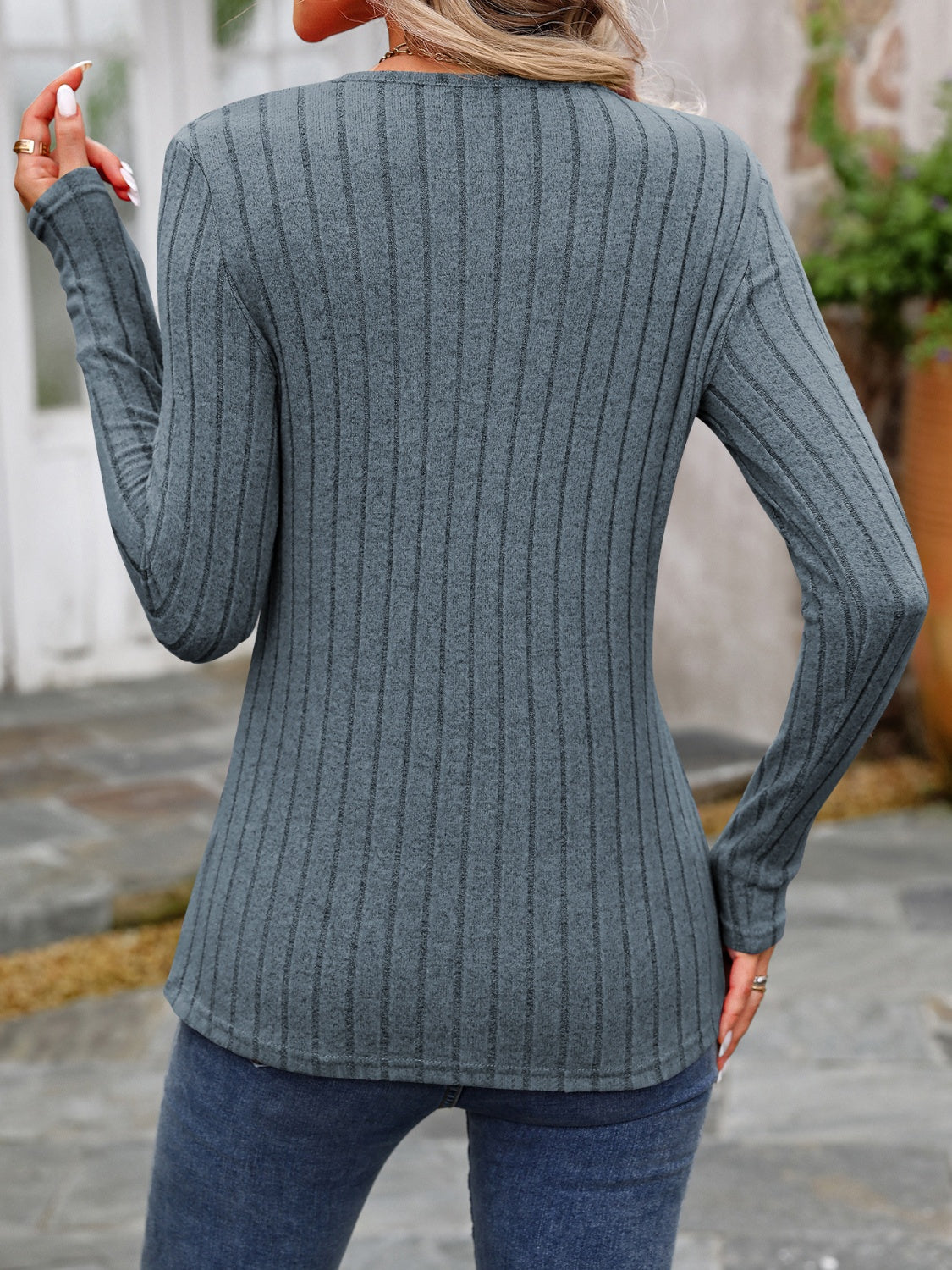 Decorative Button Round Neck Long Sleeve T-Shirt - EkaVibe