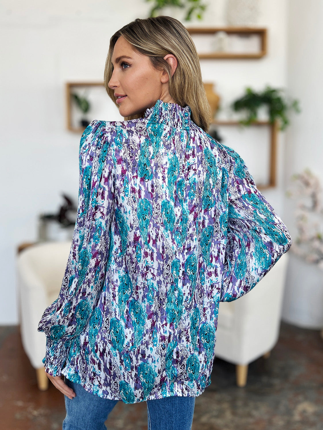 Double Take Full Size Printed Smocked Long Sleeve Blouse - EkaVibe