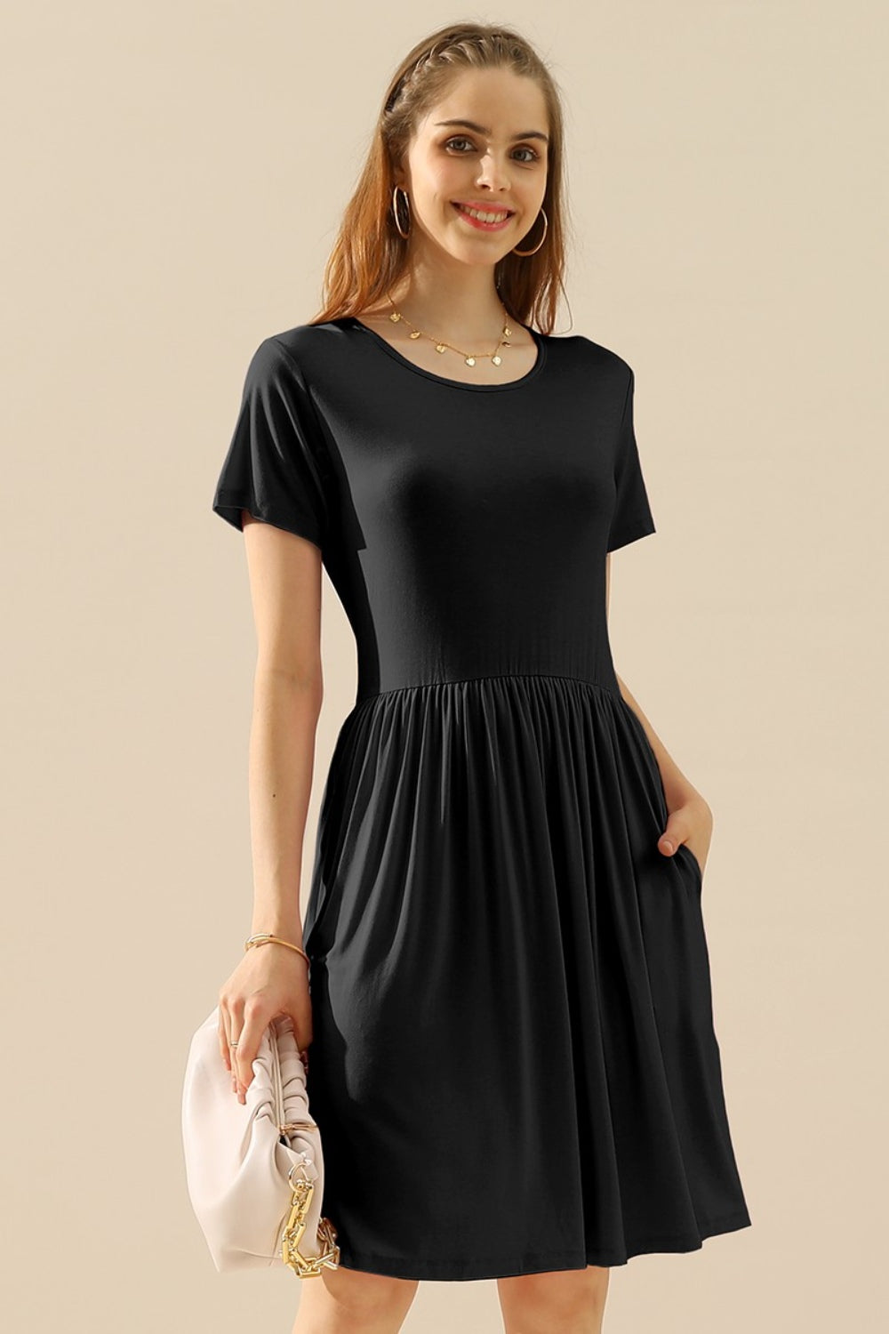 Ninexis Full Size Round Neck Ruched Dress with Pockets - EkaVibe