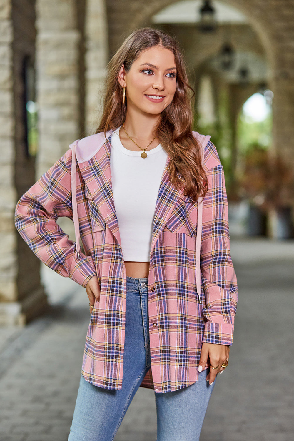 Mandy Plaid Long Sleeve Hooded Jacket - EkaVibe