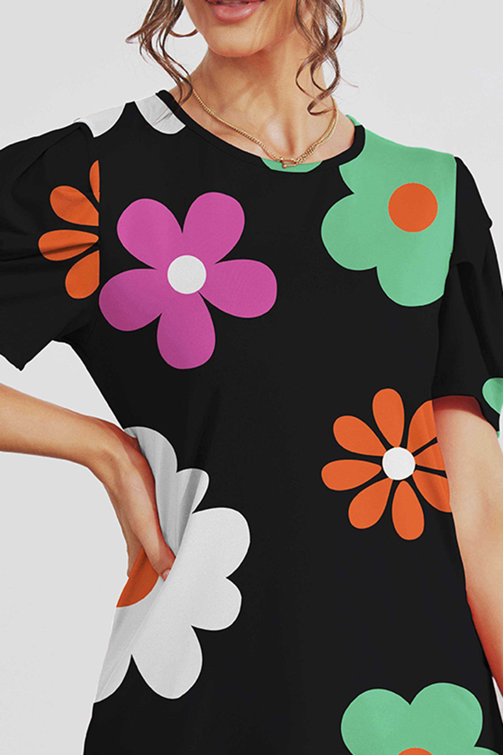 FAM-FAM Flower Round Neck Short Sleeve Blouse - EkaVibe