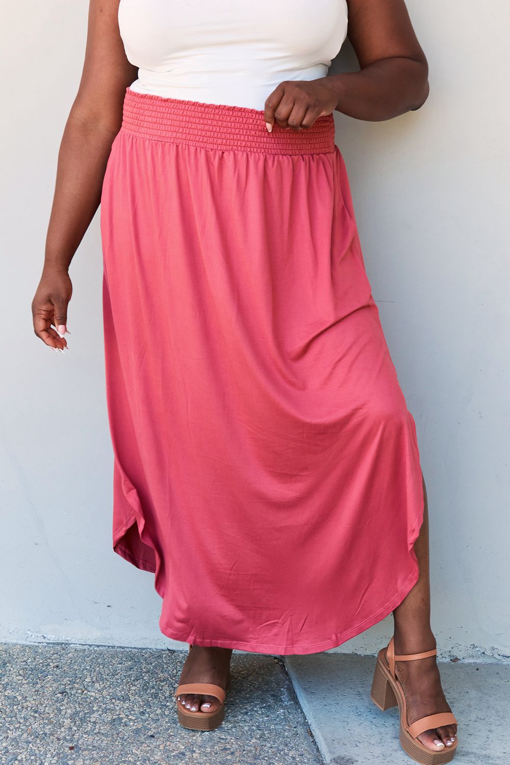 Doublju Comfort Princess Full Size High Waist Scoop Hem Maxi Skirt - EkaVibe