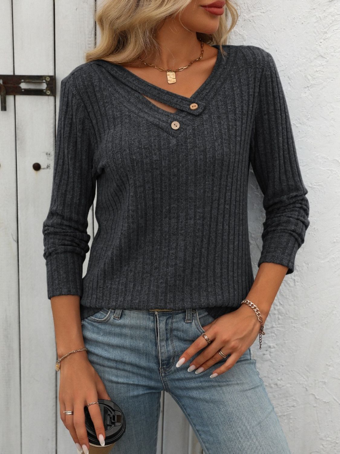 Mandy Ribbed V-Neck Long Sleeve T-Shirt - EkaVibe