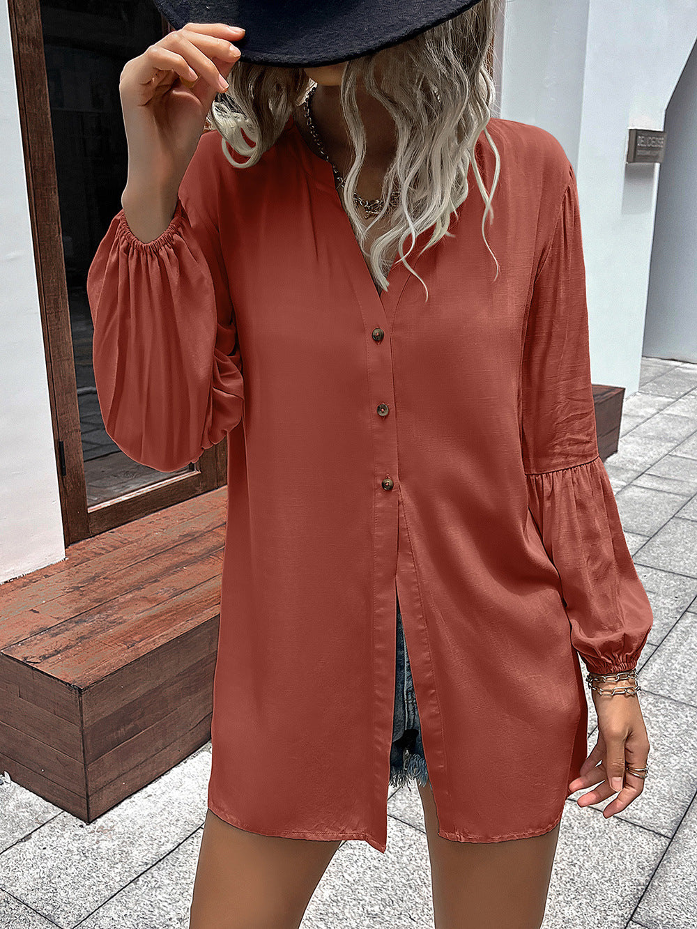 Ivy Lane Notched Neck Balloon Sleeve Shirt - EkaVibe