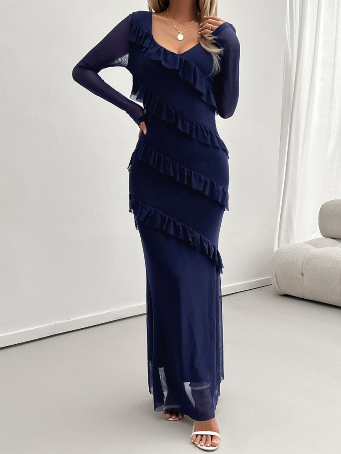 Devine Ruffled Surplice Long Sleeve Maxi Dress - EkaVibe