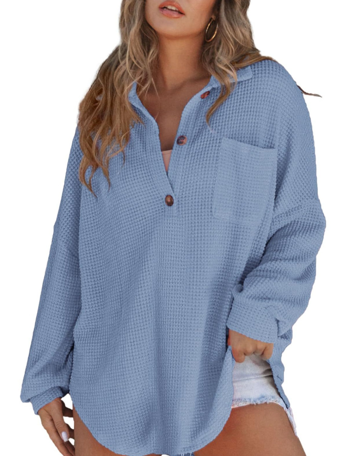 Waffle-Knit Dropped Shoulder Long Sleeve Sweatshirt - EkaVibe