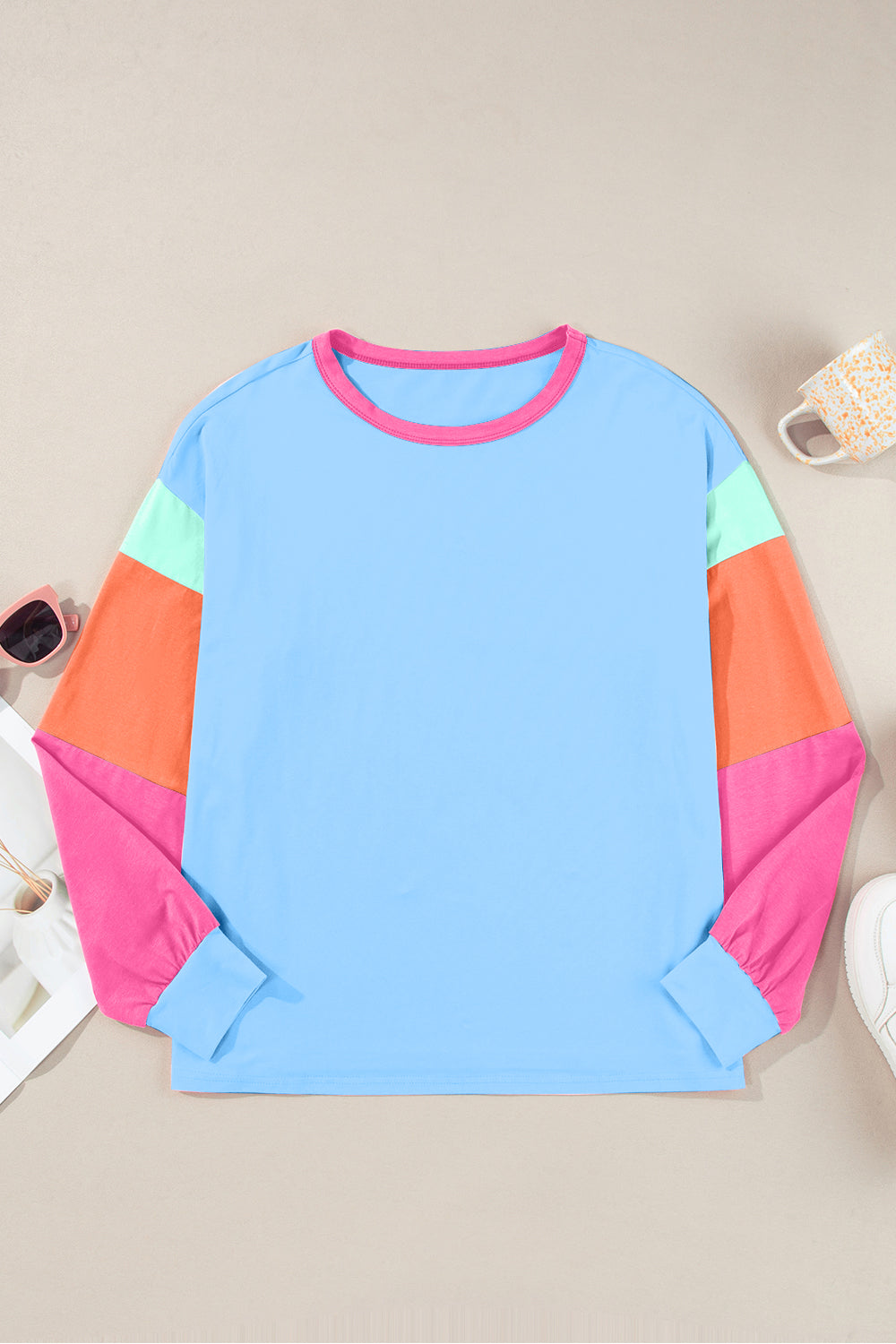 Color Block Round Neck Long Sleeve Top - EkaVibe