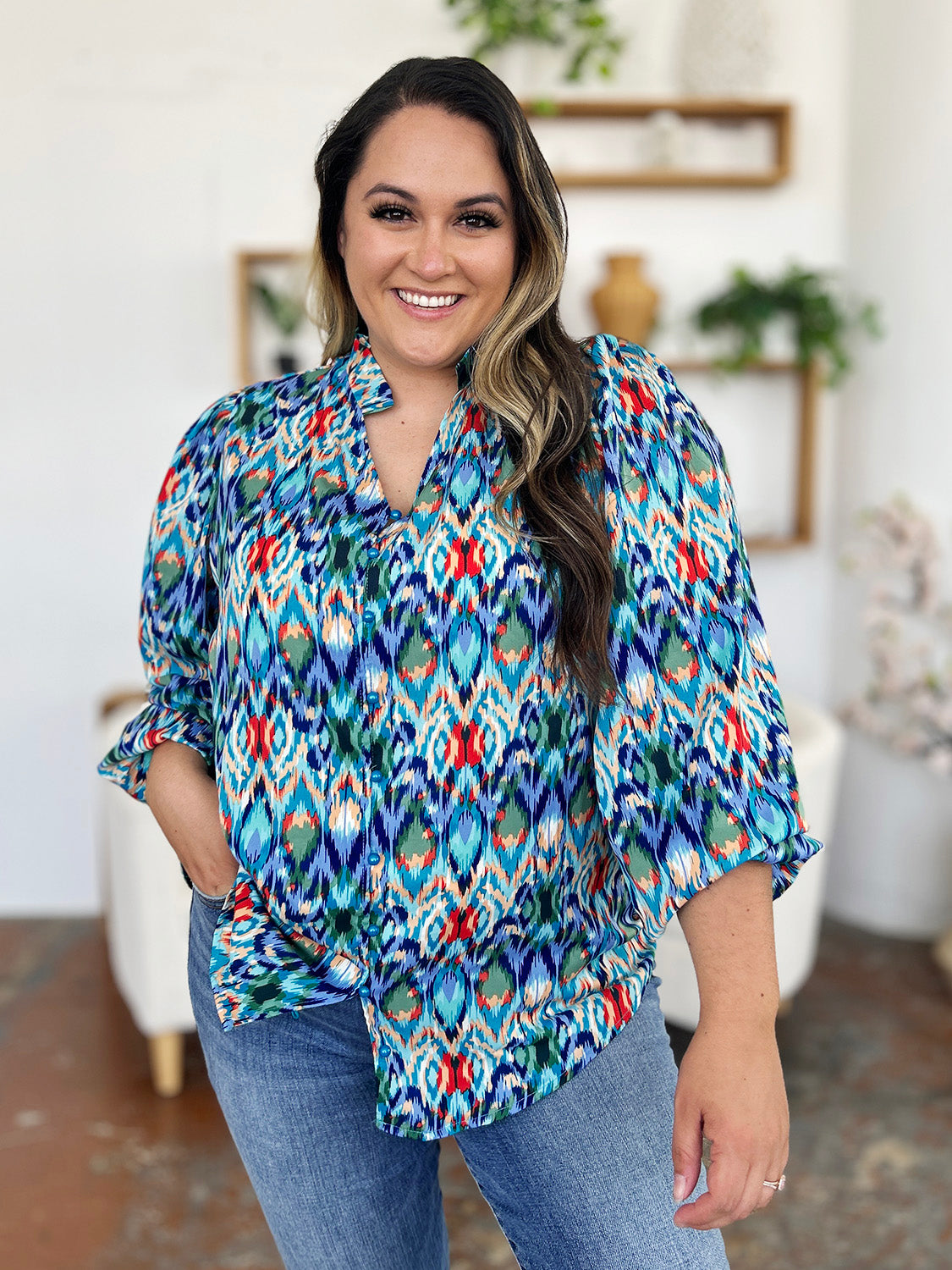 Double Take Full Size Printed Balloon Sleeve Blouse - EkaVibe