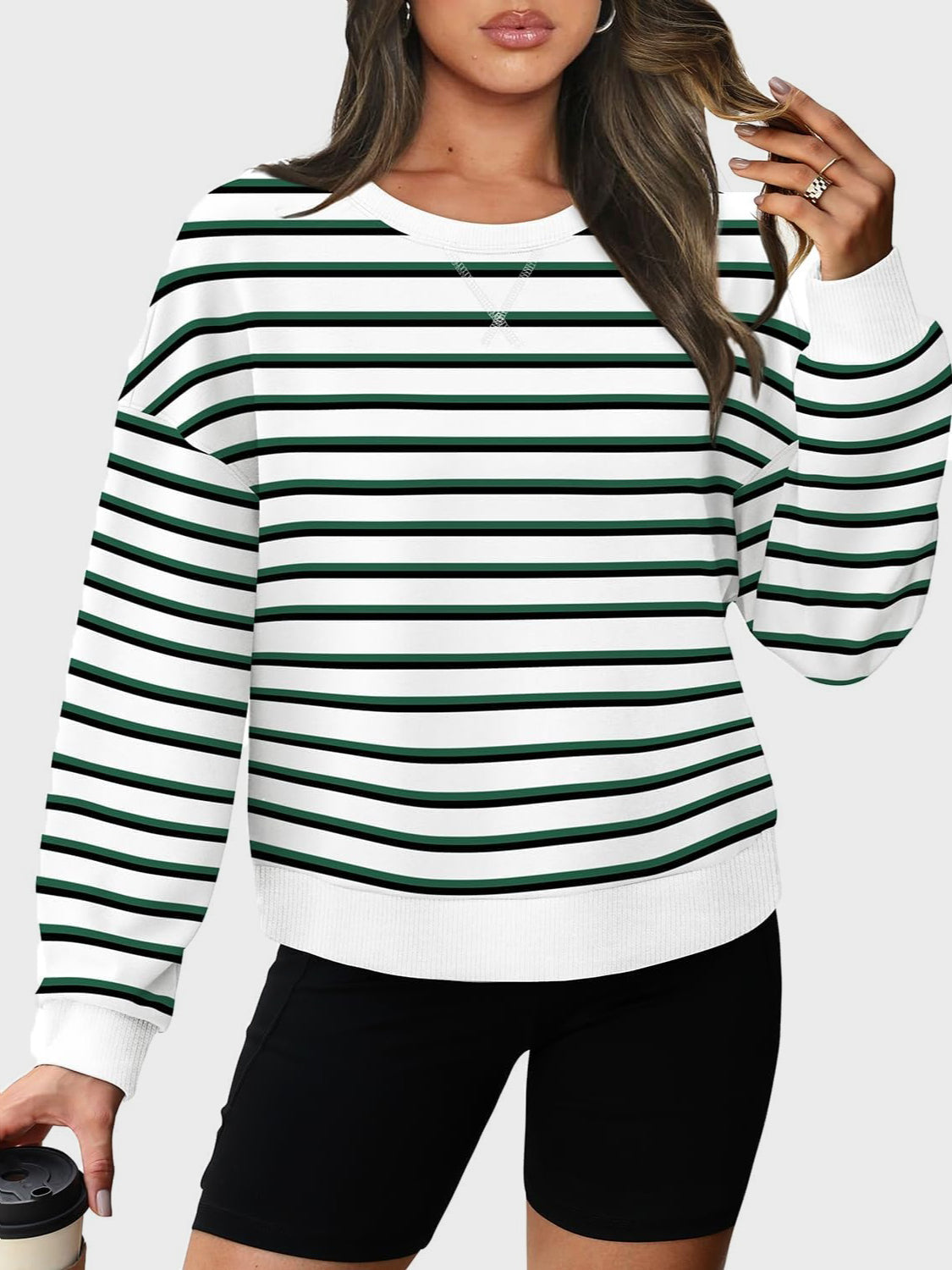 Lovelet Striped Round Neck Long Sleeve Sweatshirt - EkaVibe