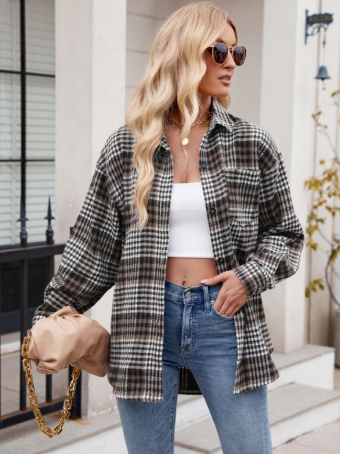 Mandy Pocketed Plaid Collared Neck Long Sleeve Shirt - EkaVibe