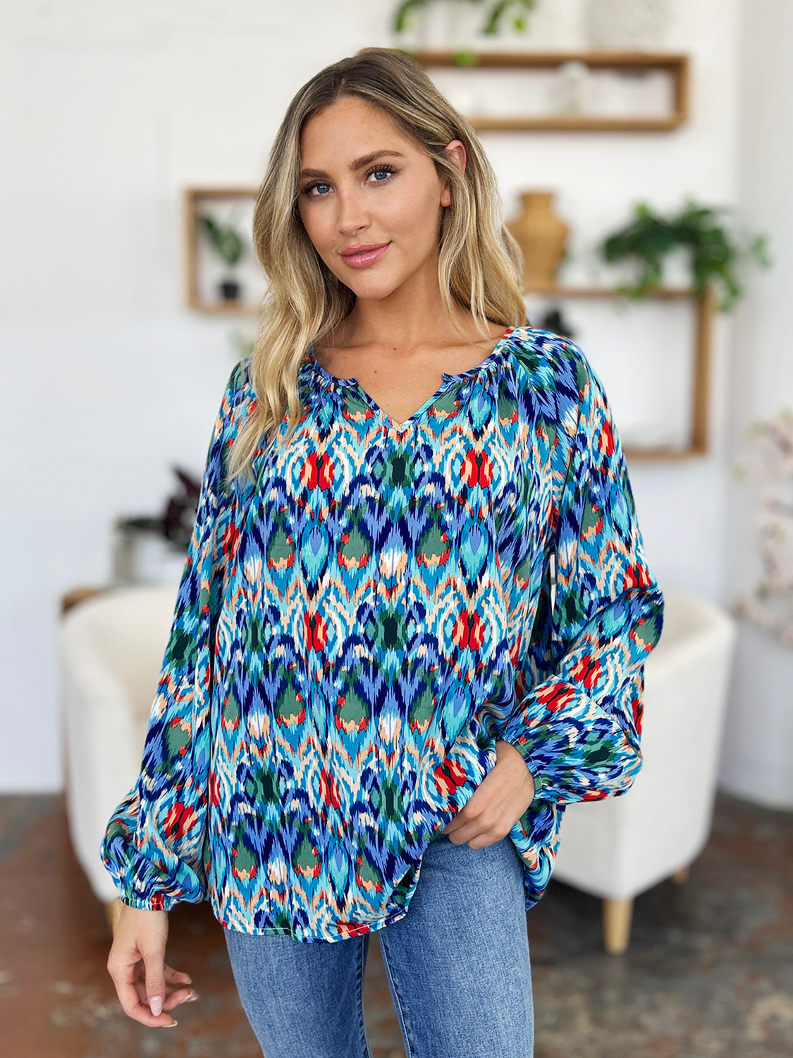 Double Take Full Size Printed Balloon Sleeve Blouse - EkaVibe