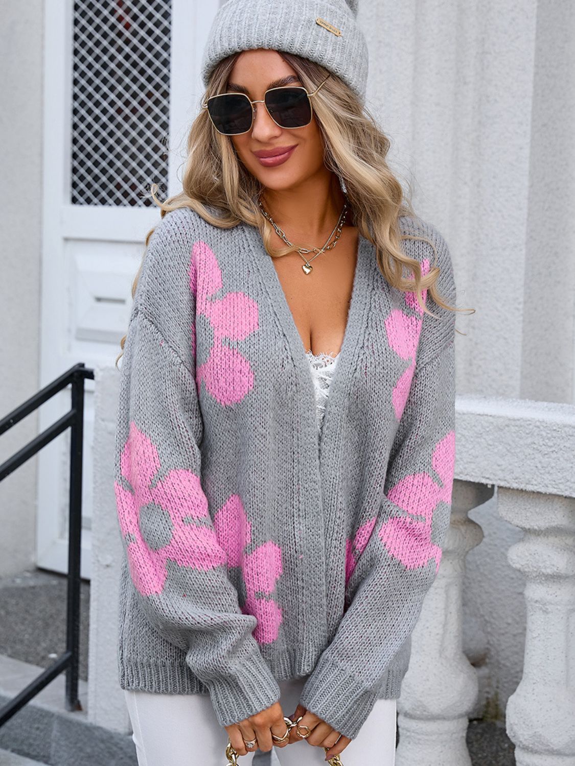 Angel Wings Flower Open Front Long Sleeve Cardigan - EkaVibe