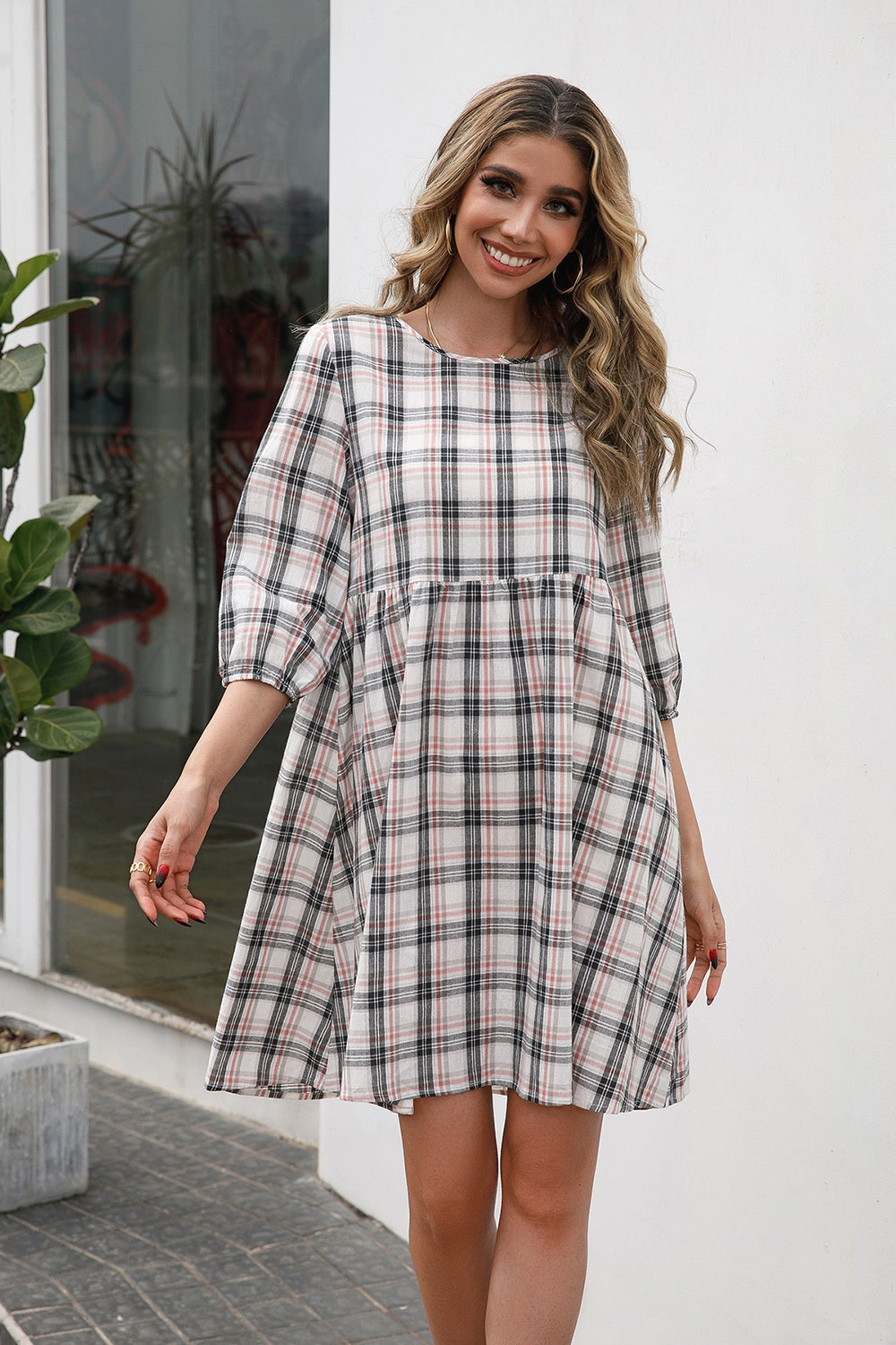 Ivy Lane Plaid Round Neck Mini Dress - EkaVibe