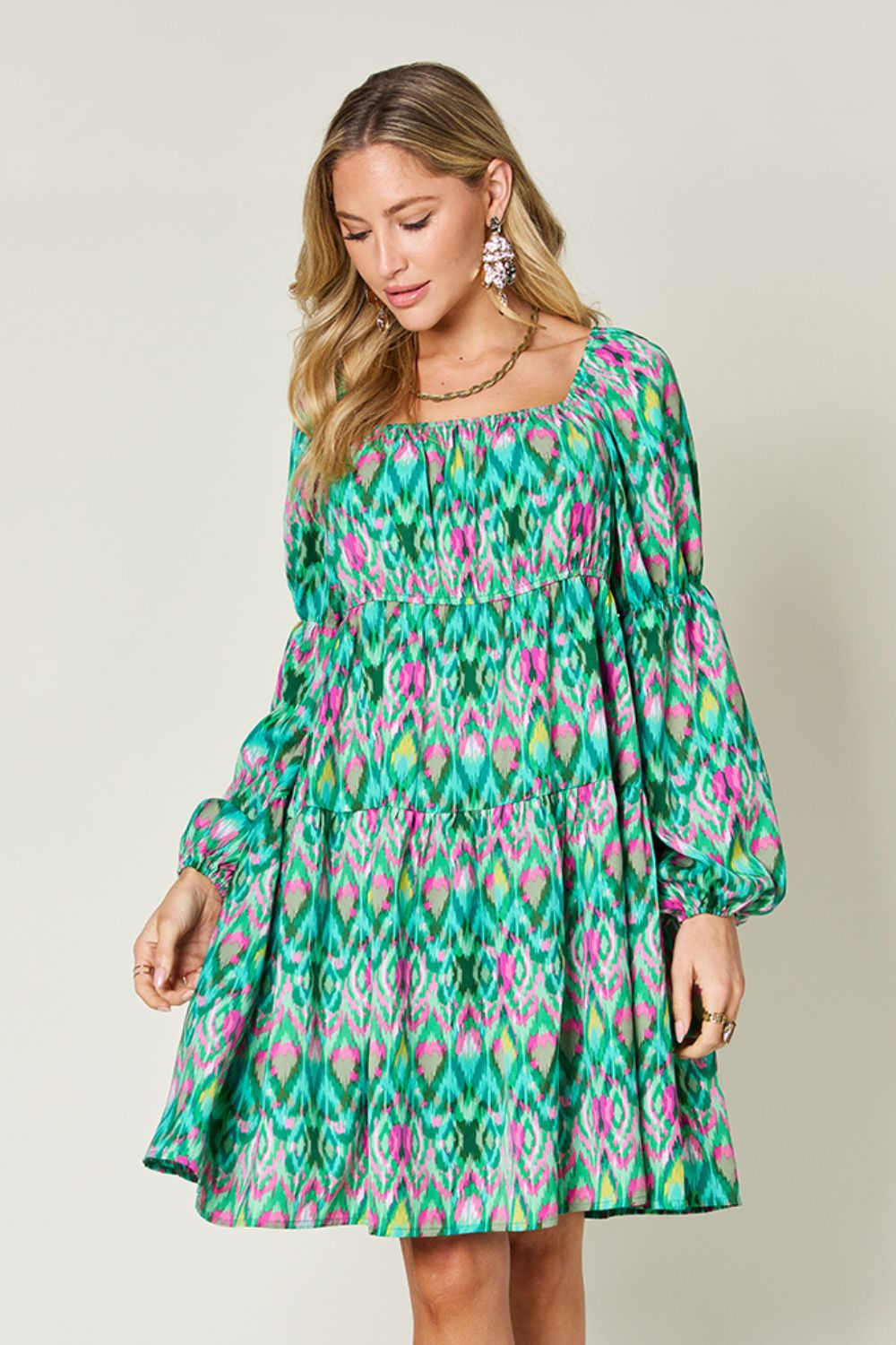 Double Take Full Size Printed Long Sleeve Dress - EkaVibe