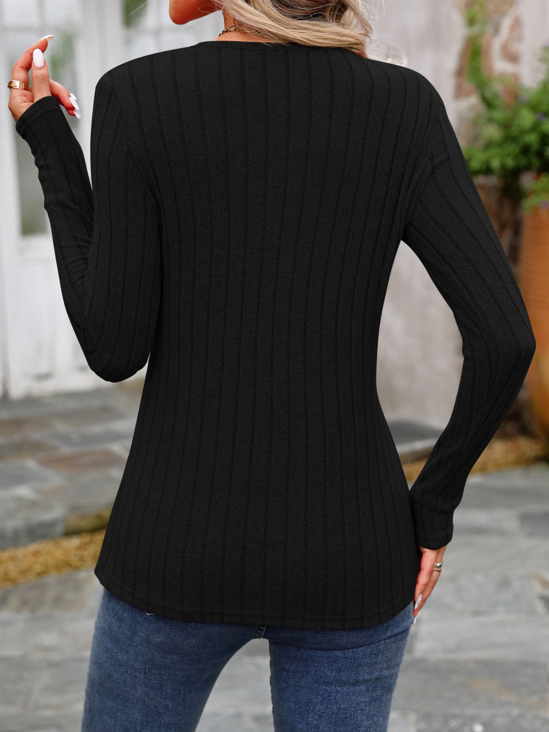 Decorative Button Round Neck Long Sleeve T-Shirt - EkaVibe