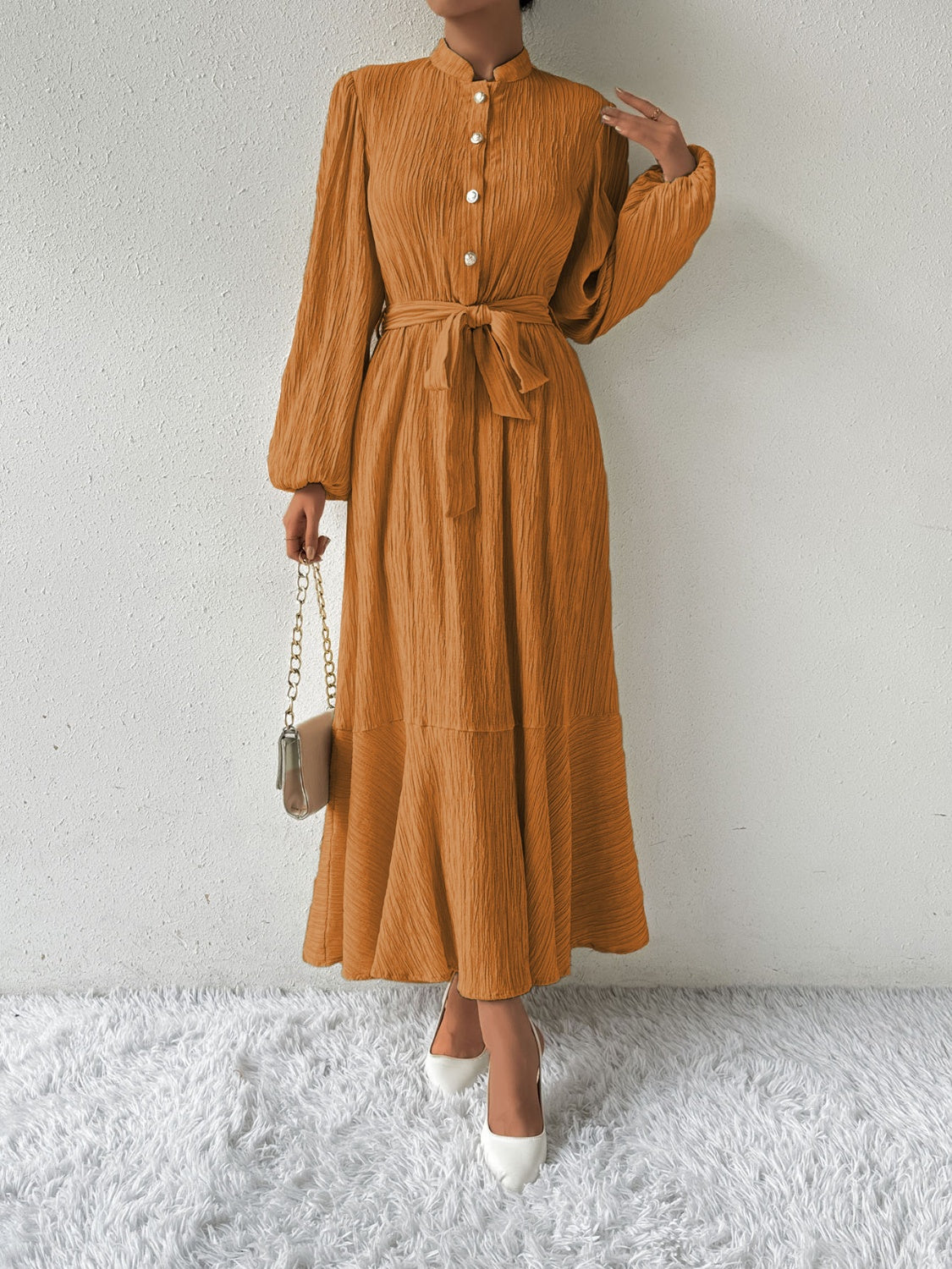 Honey Tie Waist Long Sleeve Dress - EkaVibe