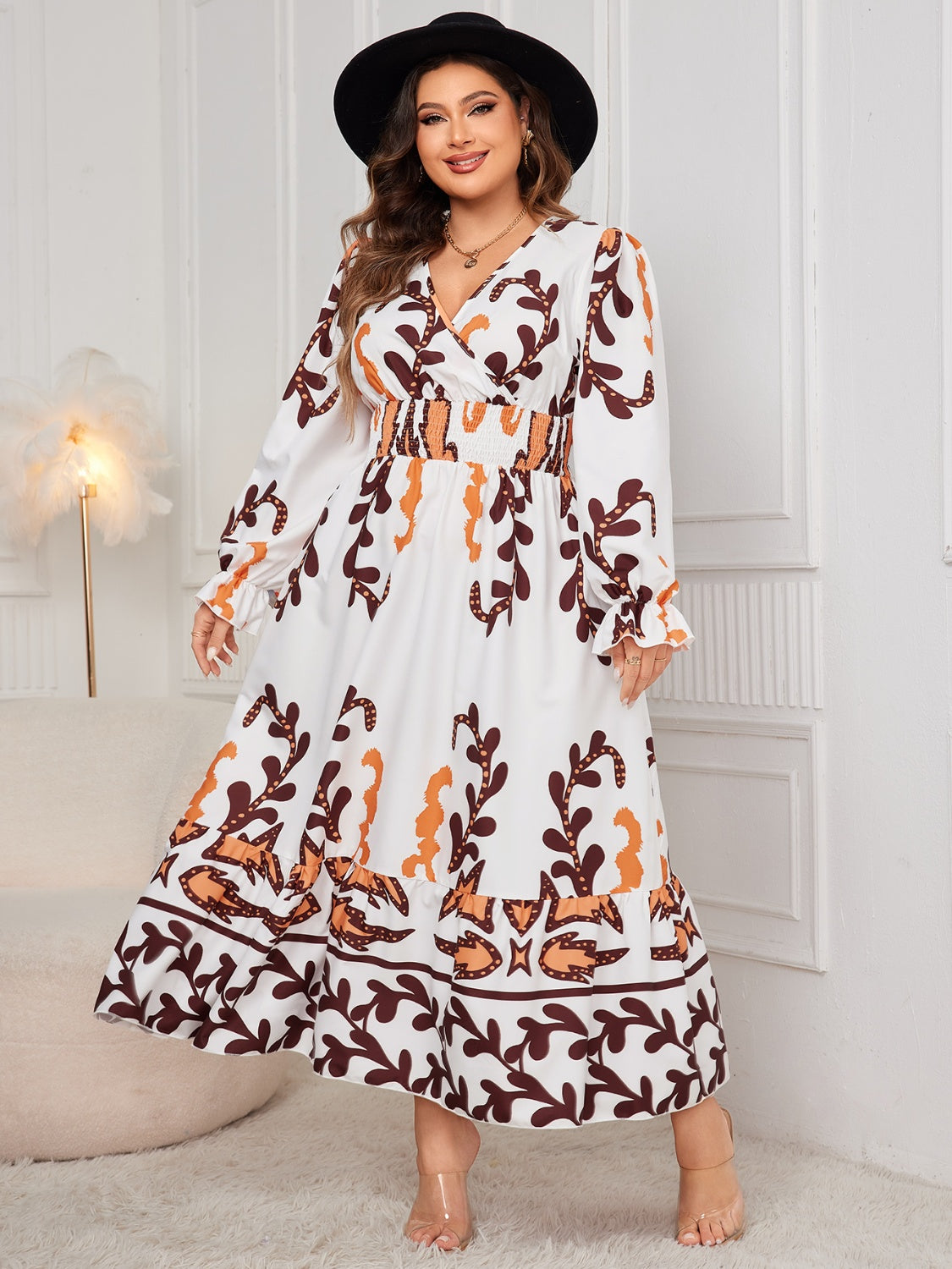 Honey Plus Size Printed Surplice Flounce Sleeve Dress - EkaVibe