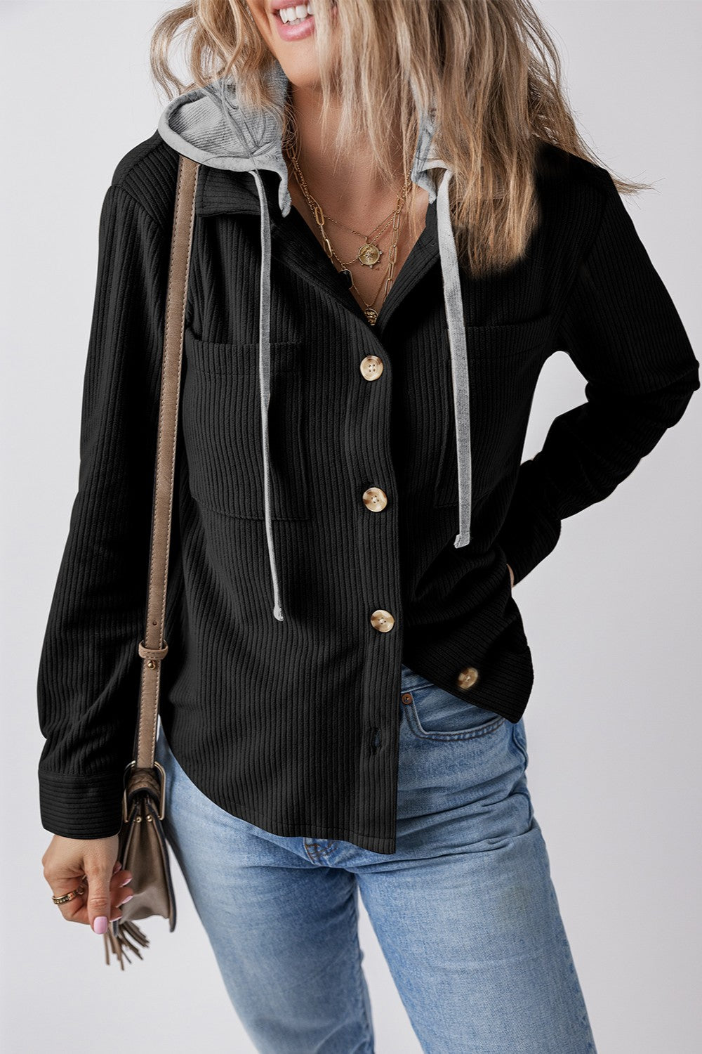 Drawstring Button Up Long Sleeve Hooded Jacket - EkaVibe