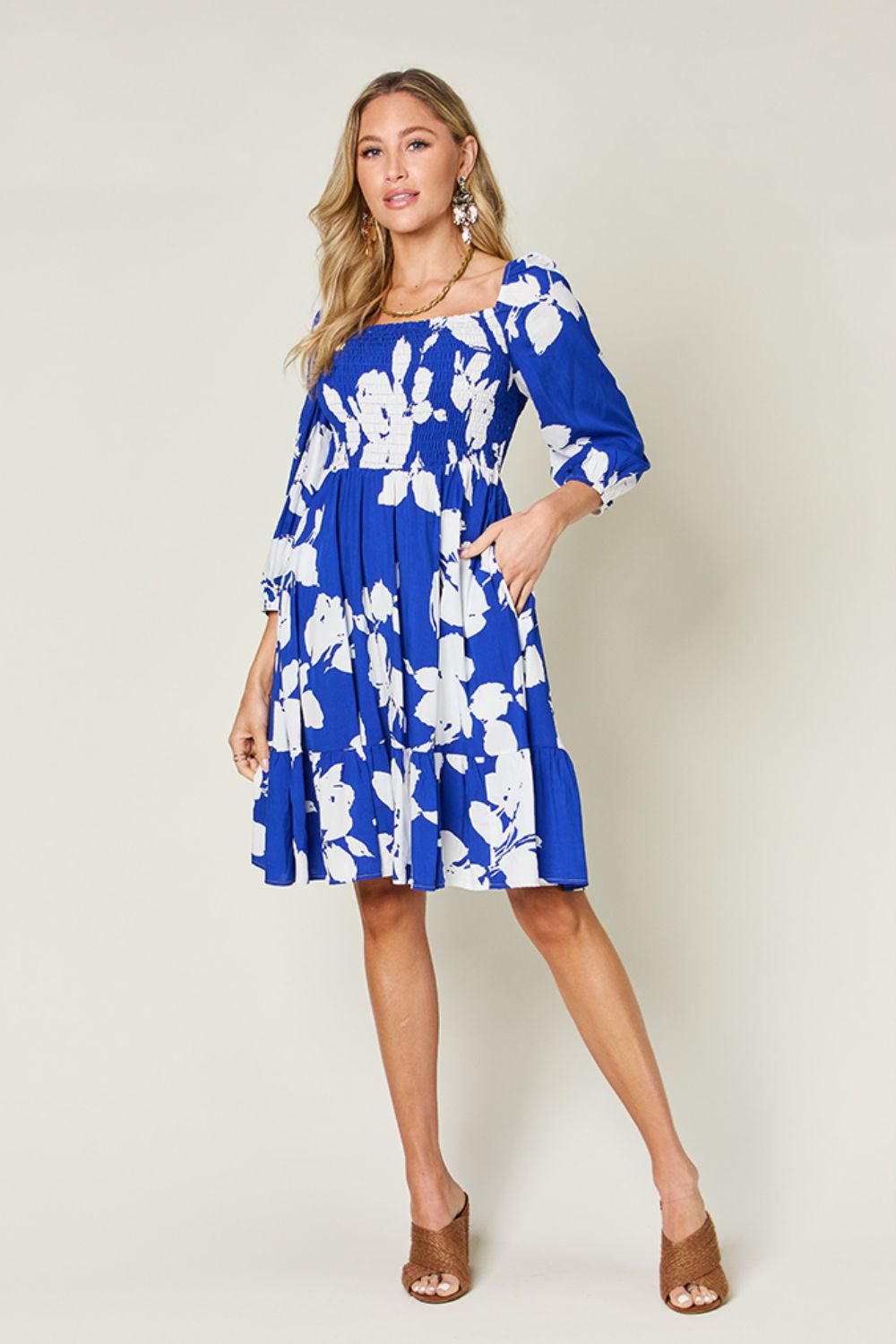 Double Take Full Size Floral Ruffle Hem Smocked Dress with Pockets - EkaVibe