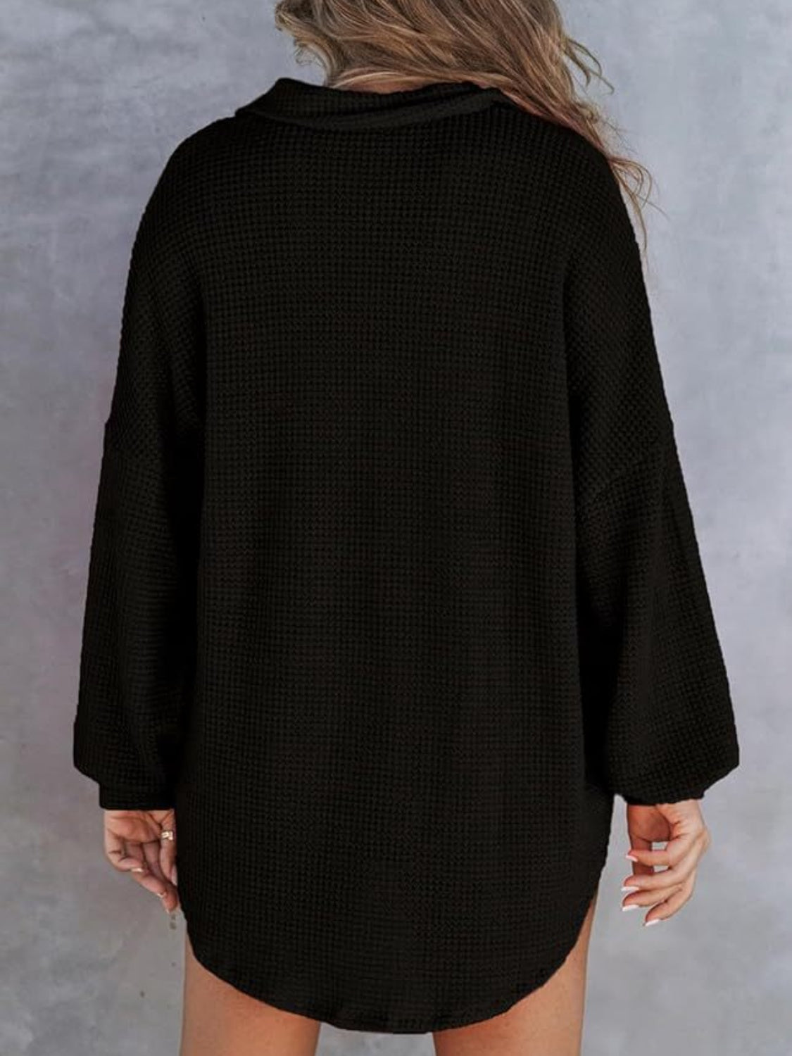 Waffle-Knit Dropped Shoulder Long Sleeve Sweatshirt - EkaVibe