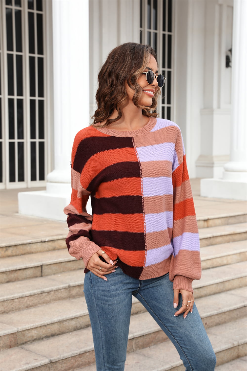 Angel Wings Round Neck Long Sleeve Color Block Dropped Shoulder Pullover Sweater - EkaVibe