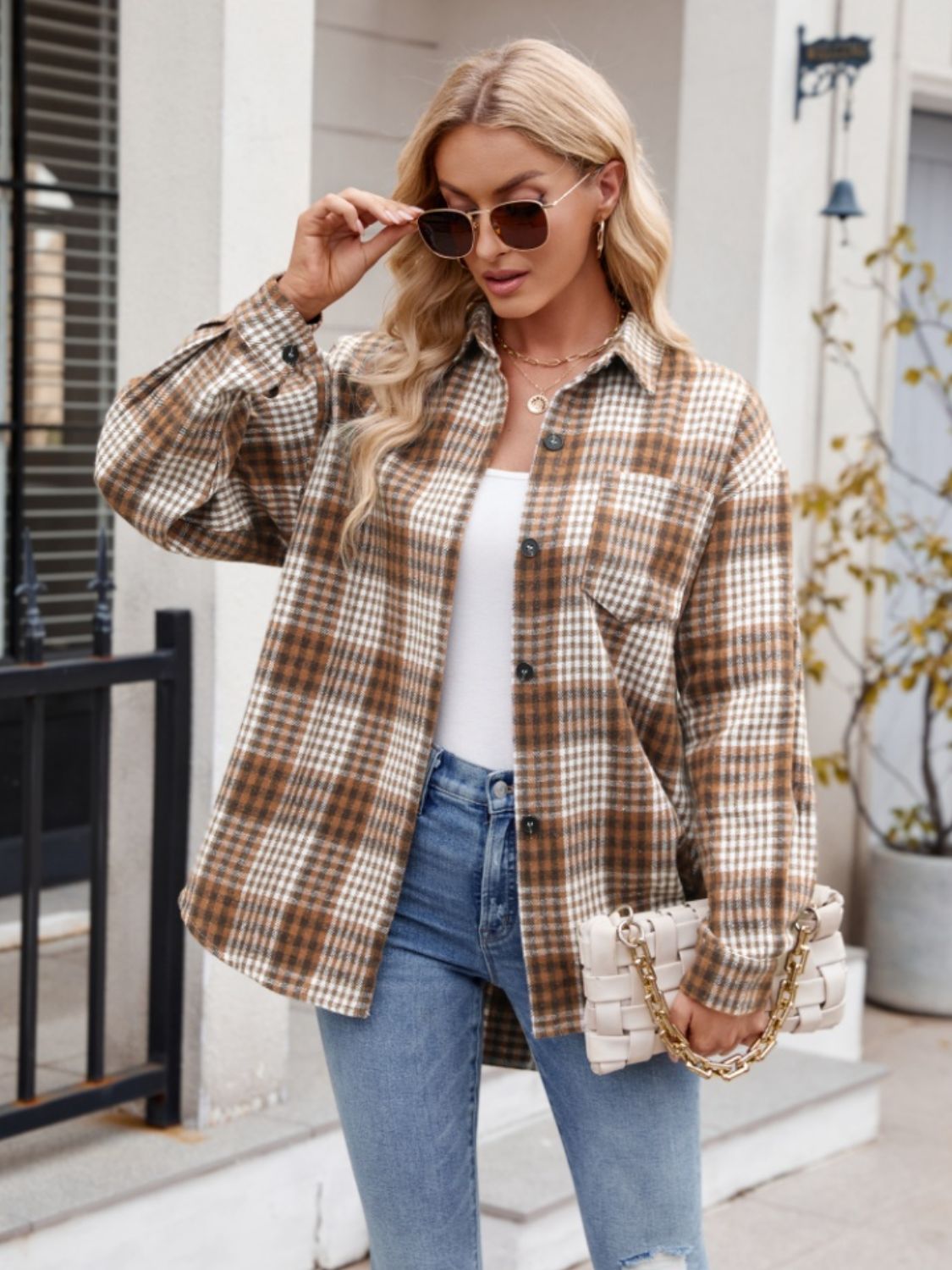 Mandy Pocketed Plaid Collared Neck Long Sleeve Shirt - EkaVibe