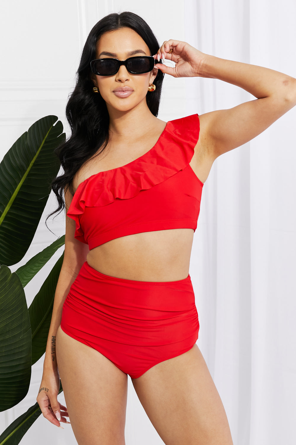 Marina West Swim Seaside Romance Ruffle One-Shoulder Bikini in Red - EkaVibe