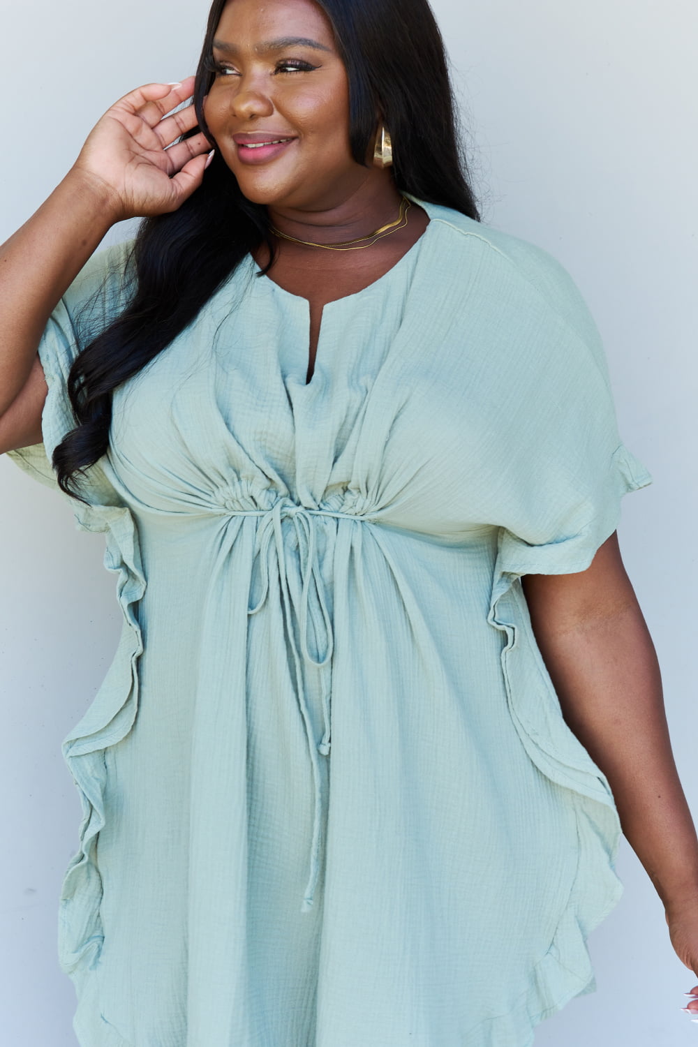 Ninexis Out Of Time Full Size Ruffle Hem Dress with Drawstring Waistband in Light Sage - EkaVibe