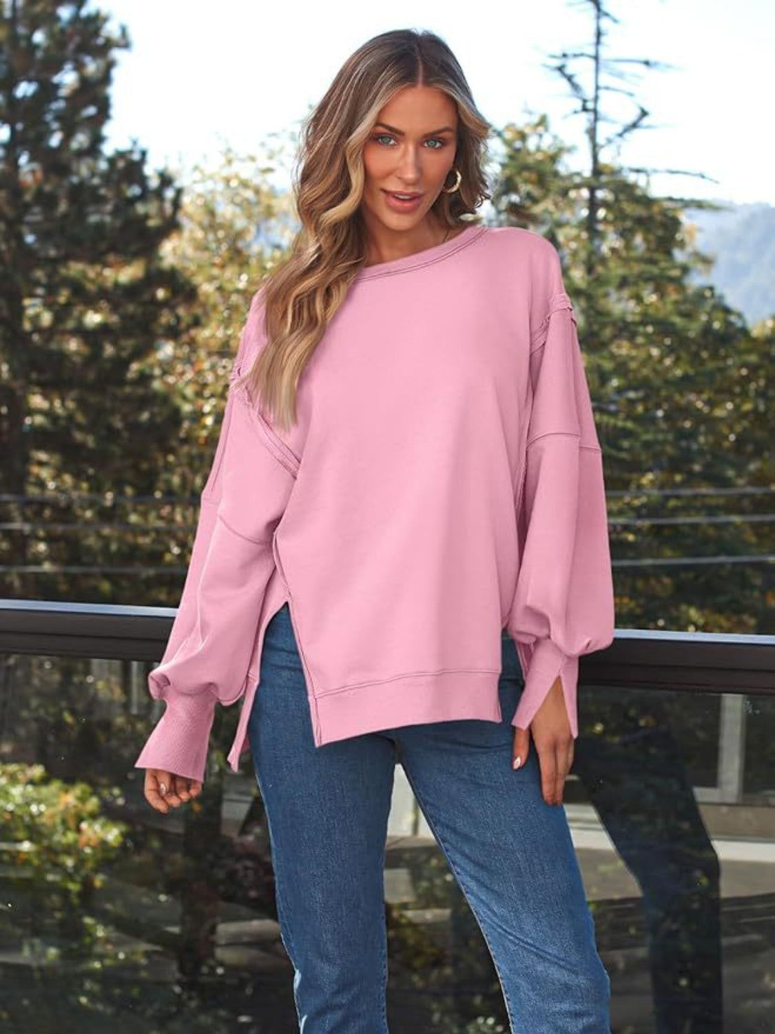 Slit Round Neck Long Sleeve Sweatshirt - EkaVibe