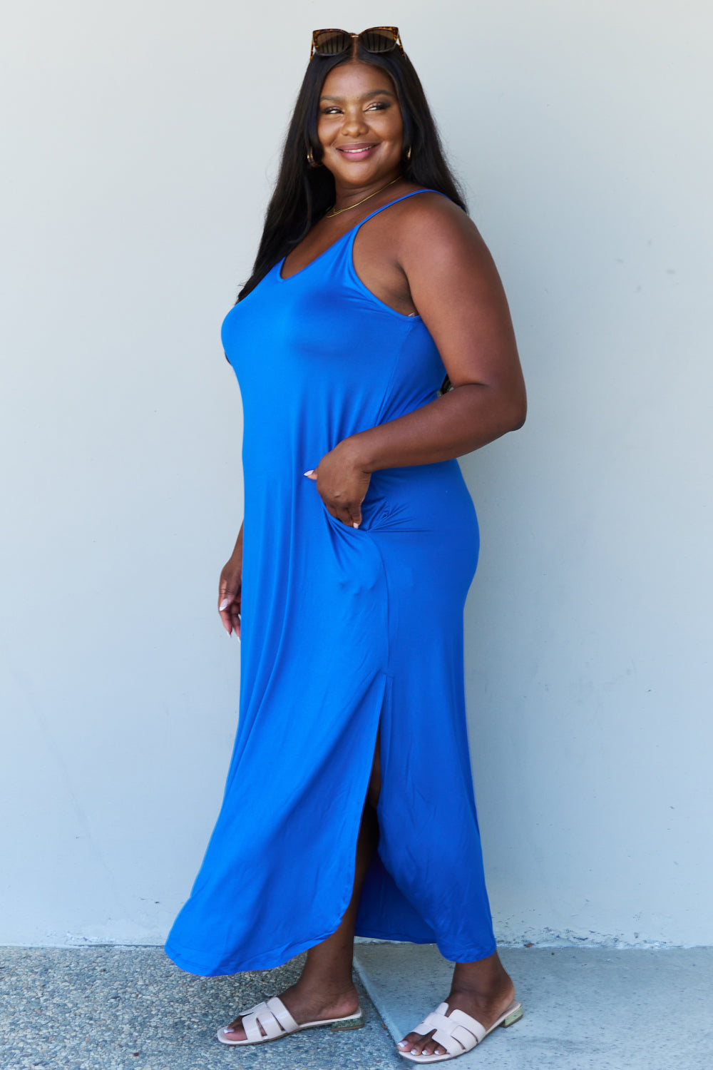 Ninexis Good Energy Full Size Cami Side Slit Maxi Dress in Royal Blue - EkaVibe