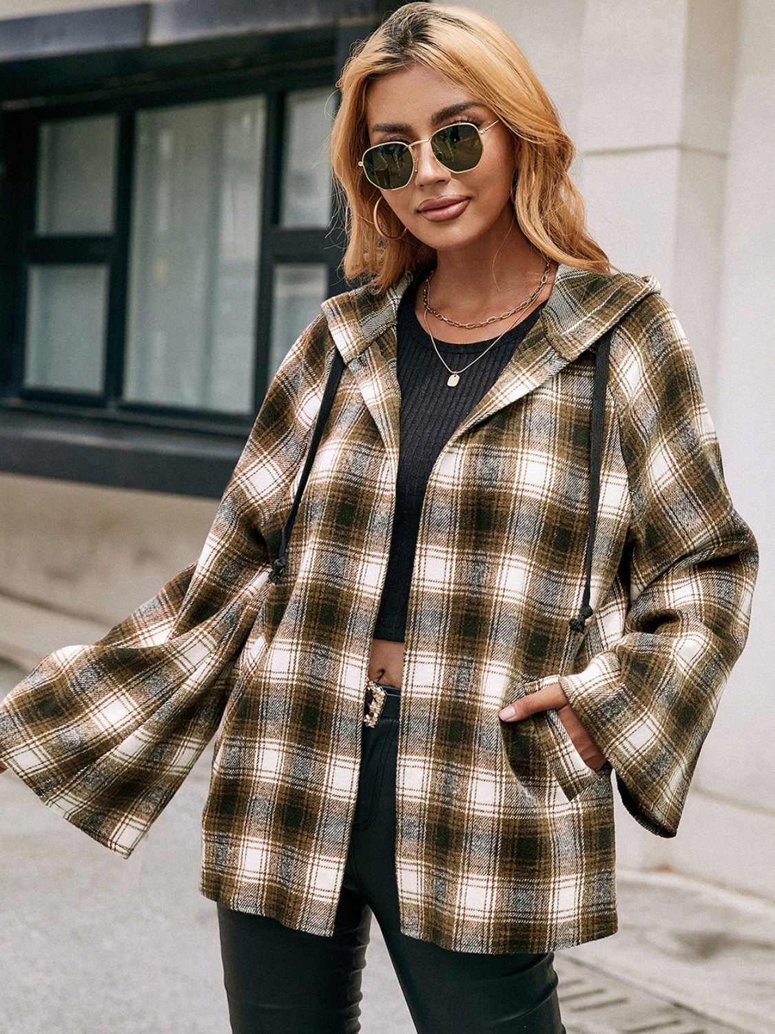 Ivy Lane Pocketed Plaid Long Sleeve Hooded Jacket - EkaVibe