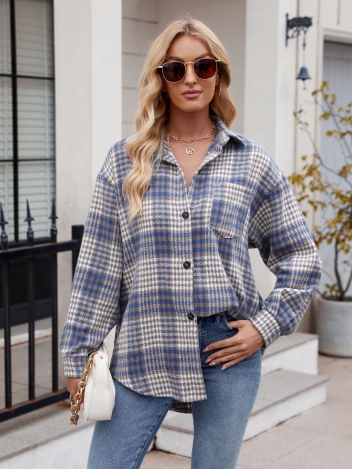 Mandy Pocketed Plaid Collared Neck Long Sleeve Shirt - EkaVibe