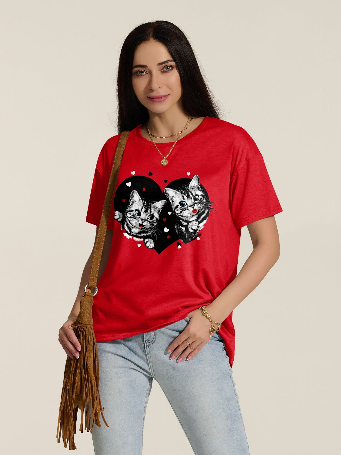 FAM-FAM Cat Round Neck Dropped Shoulder T-Shirt - EkaVibe